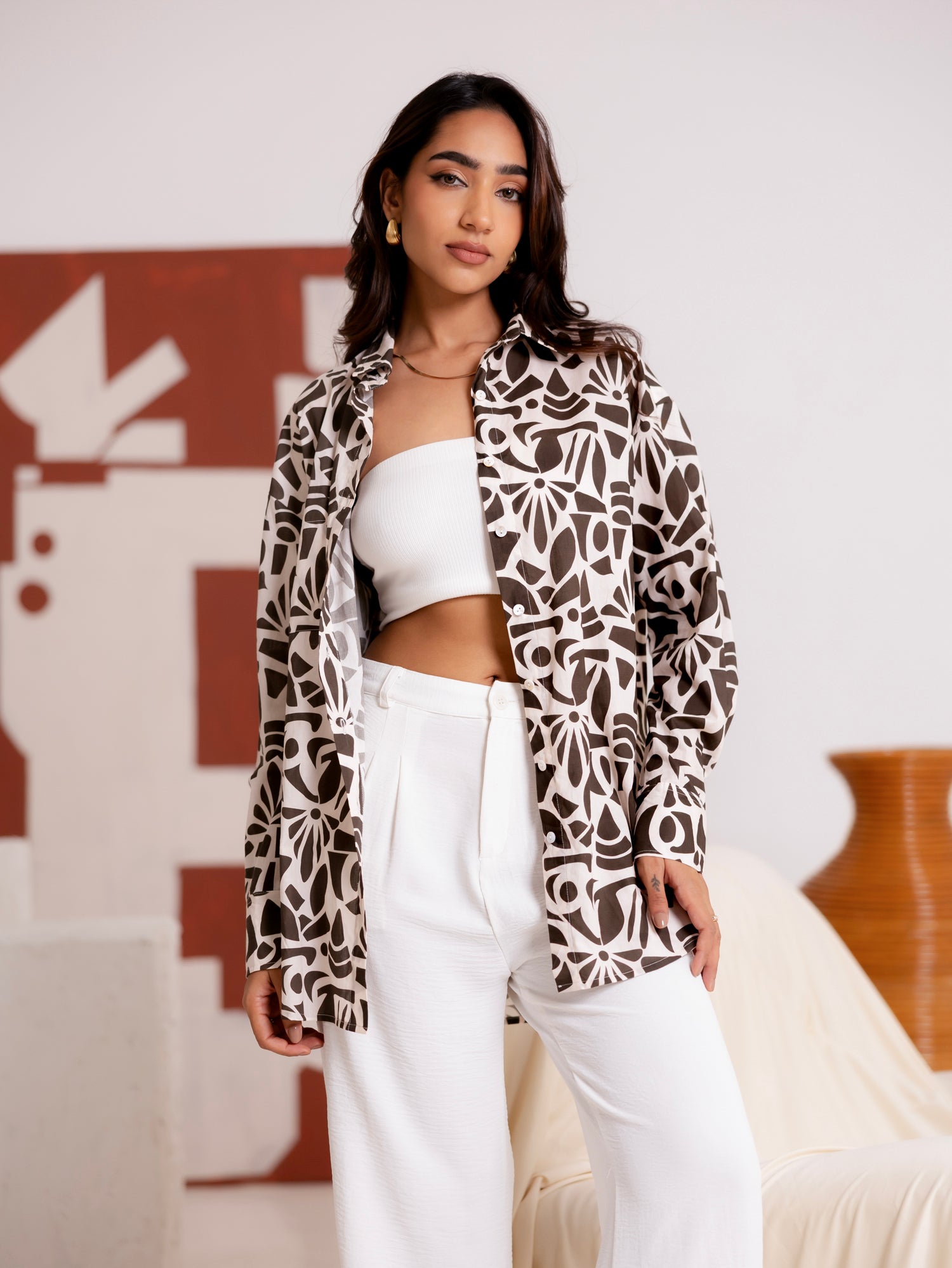 Button Down Collar Detailed Long Sleeved Printed Top