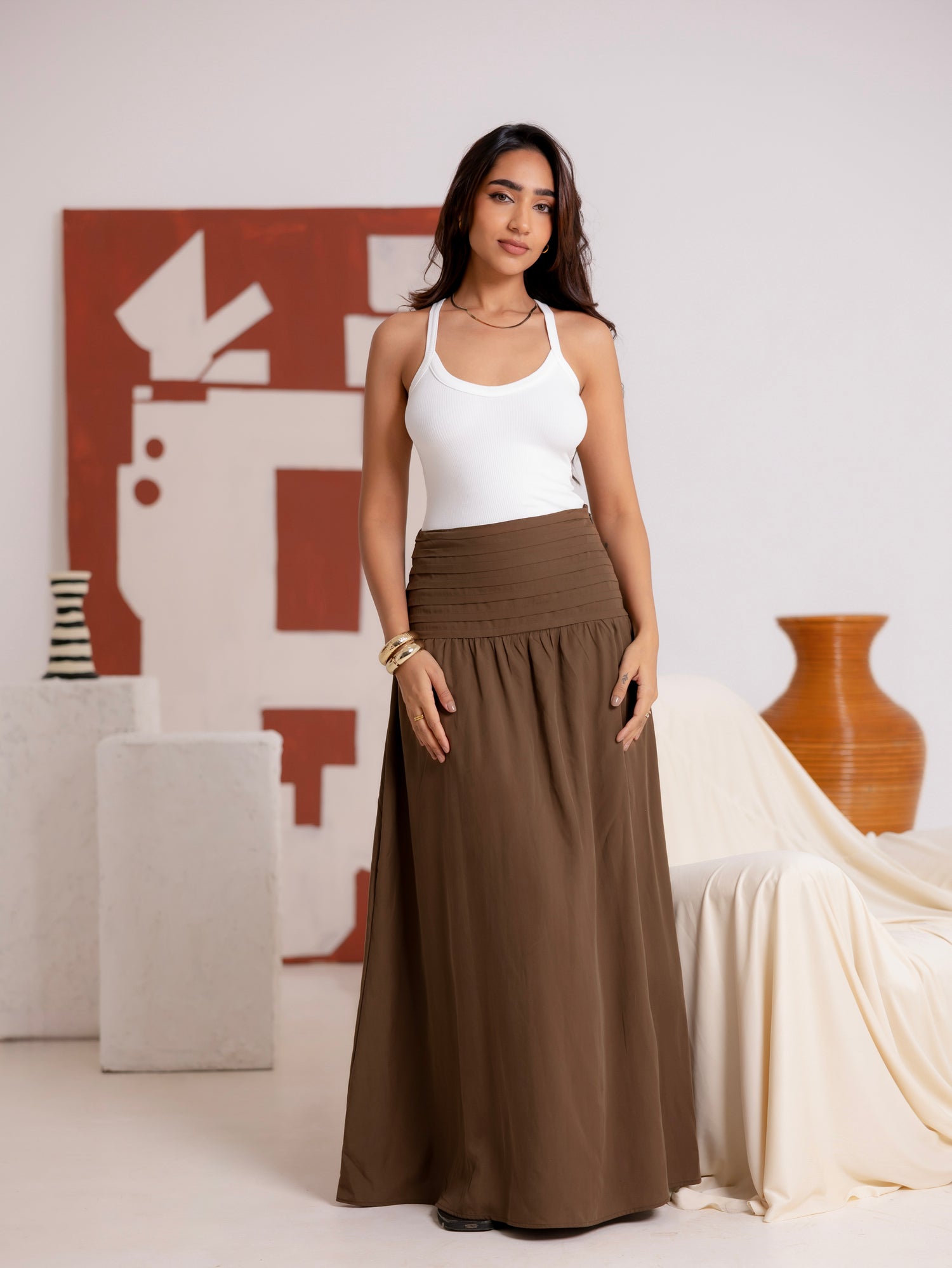 Waist Pin Tuck Detailed Maxi Skirt