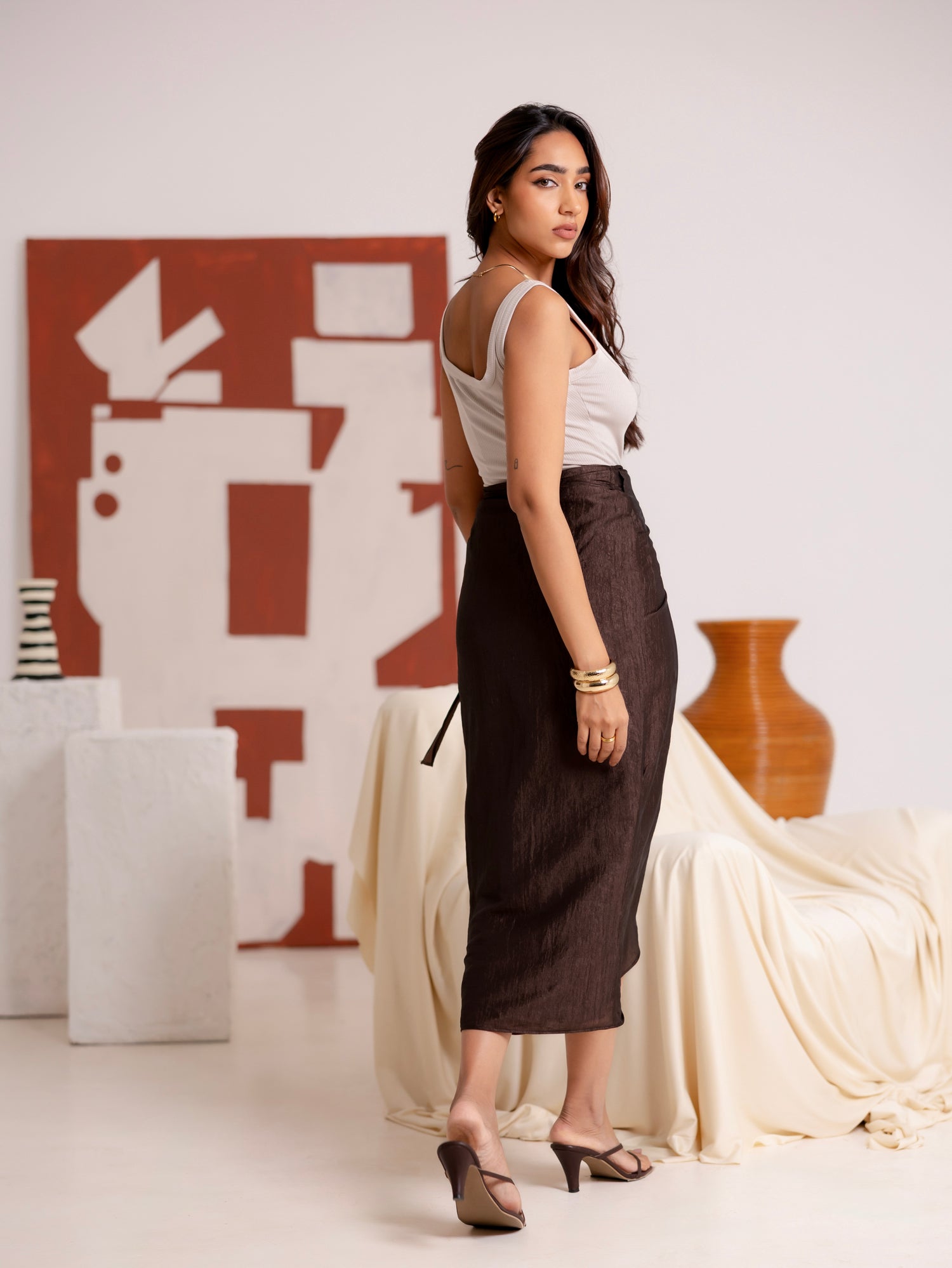 Front Wrap Tie Up Midi Skirt