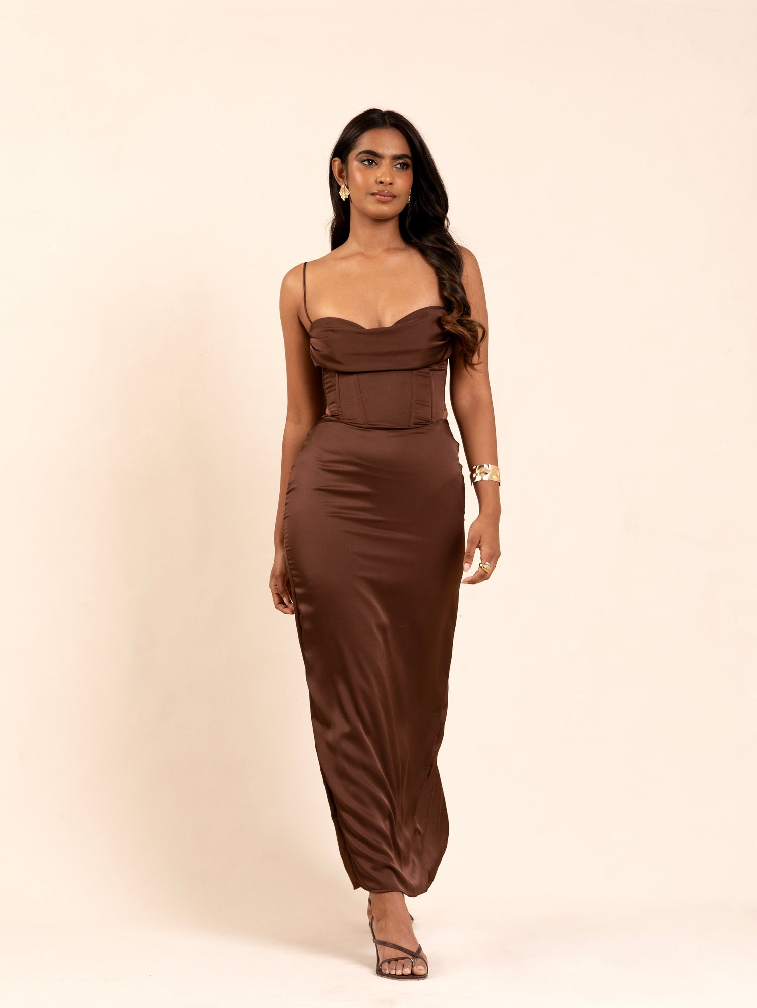Bustier Detailed Satin Maxi Dress
