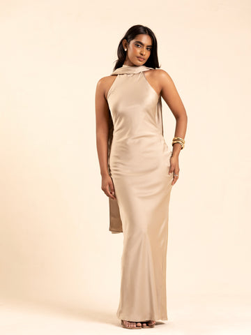 Shawl Detailed Halter Neck Maxi Dress