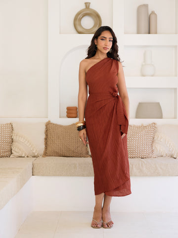 One Shoulder Front Wrap Tie Up Midi Dress