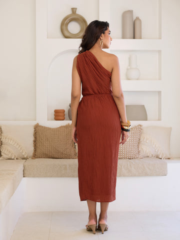 One Shoulder Front Wrap Tie Up Midi Dress