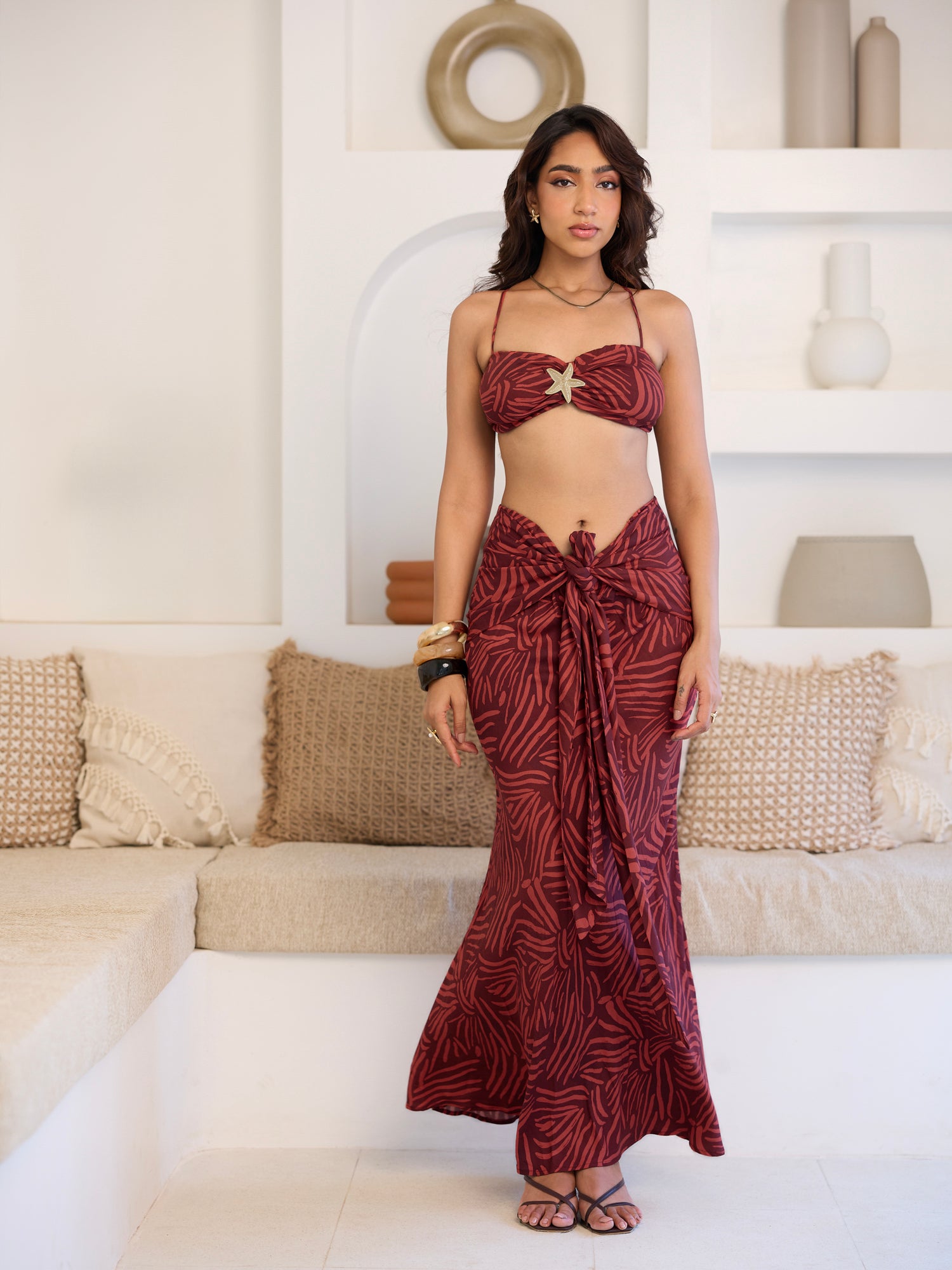 Front Ruched Tie Up Detailed Printed Maxi Skirt