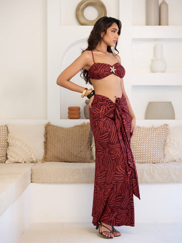 Front Ruched Tie Up Detailed Printed Maxi Skirt
