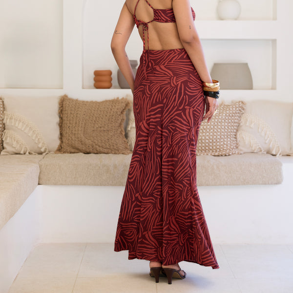 Front Ruched Tie Up Detailed Printed Maxi Skirt