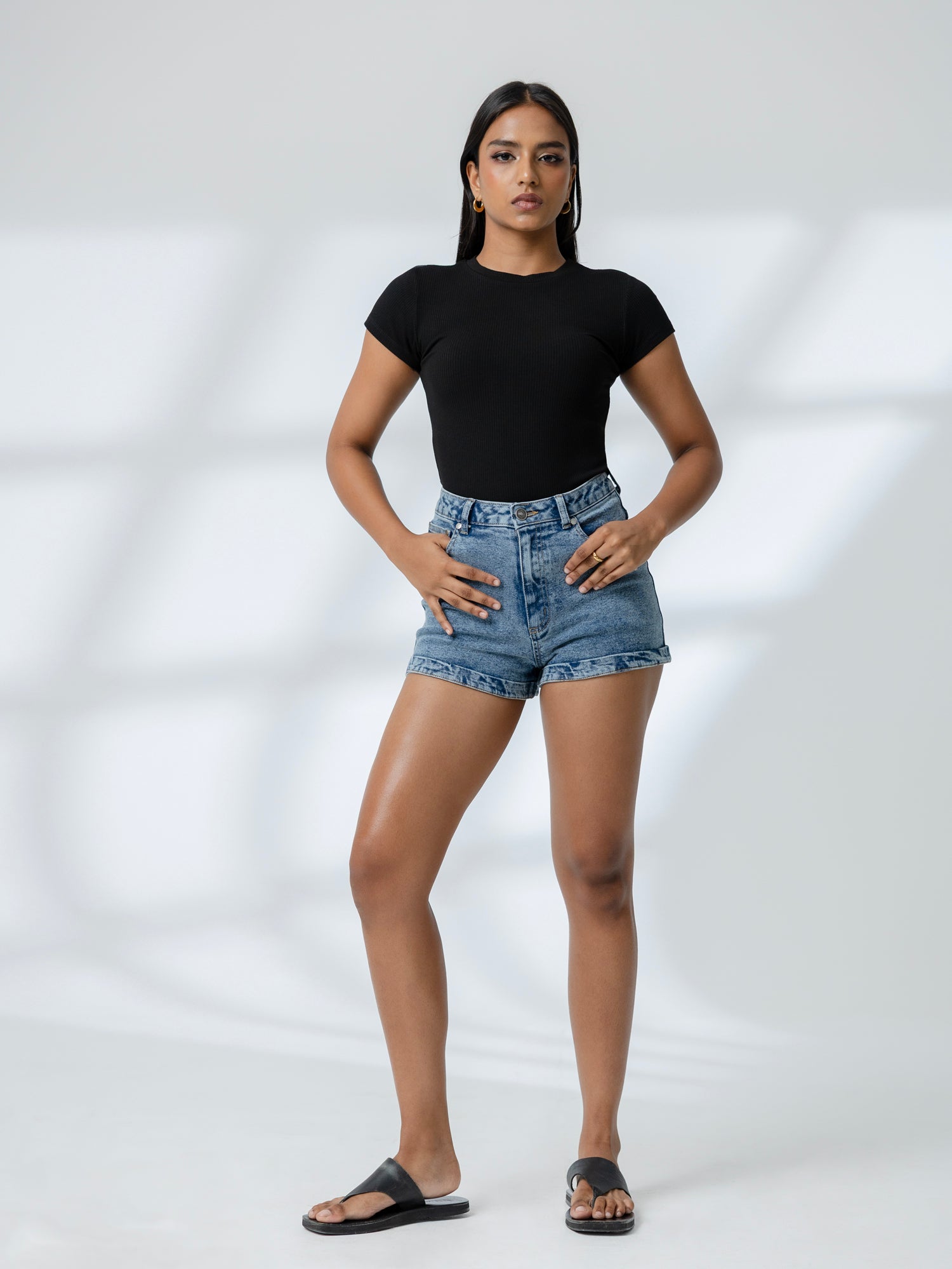 High Waist Folded Hem Acid Washed Short