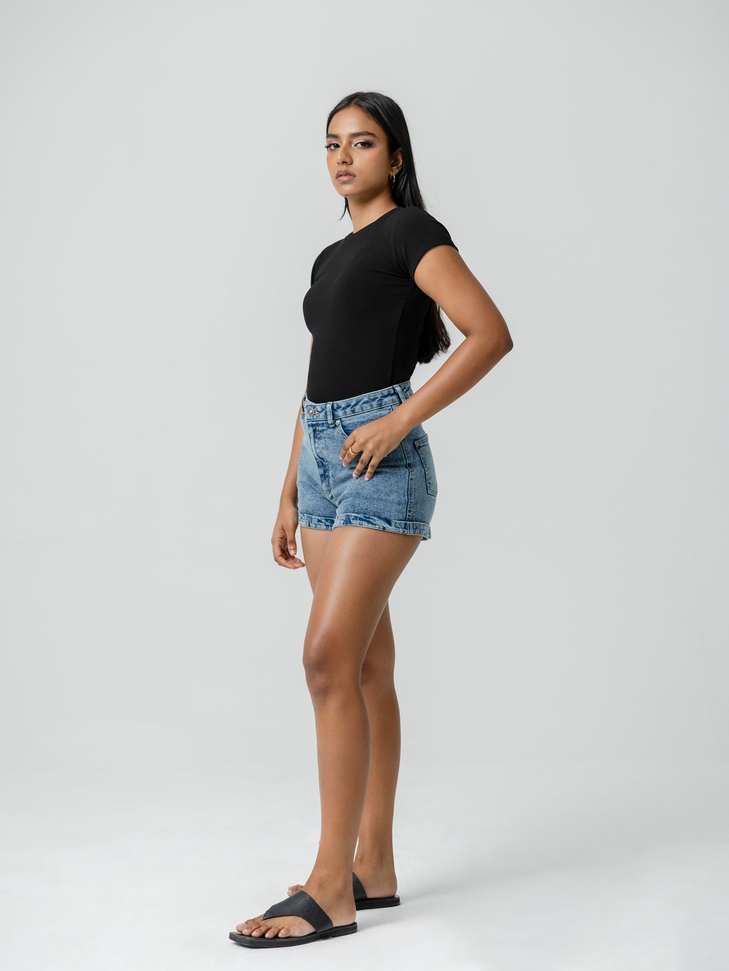 High Waist Folded Hem Acid Washed Short
