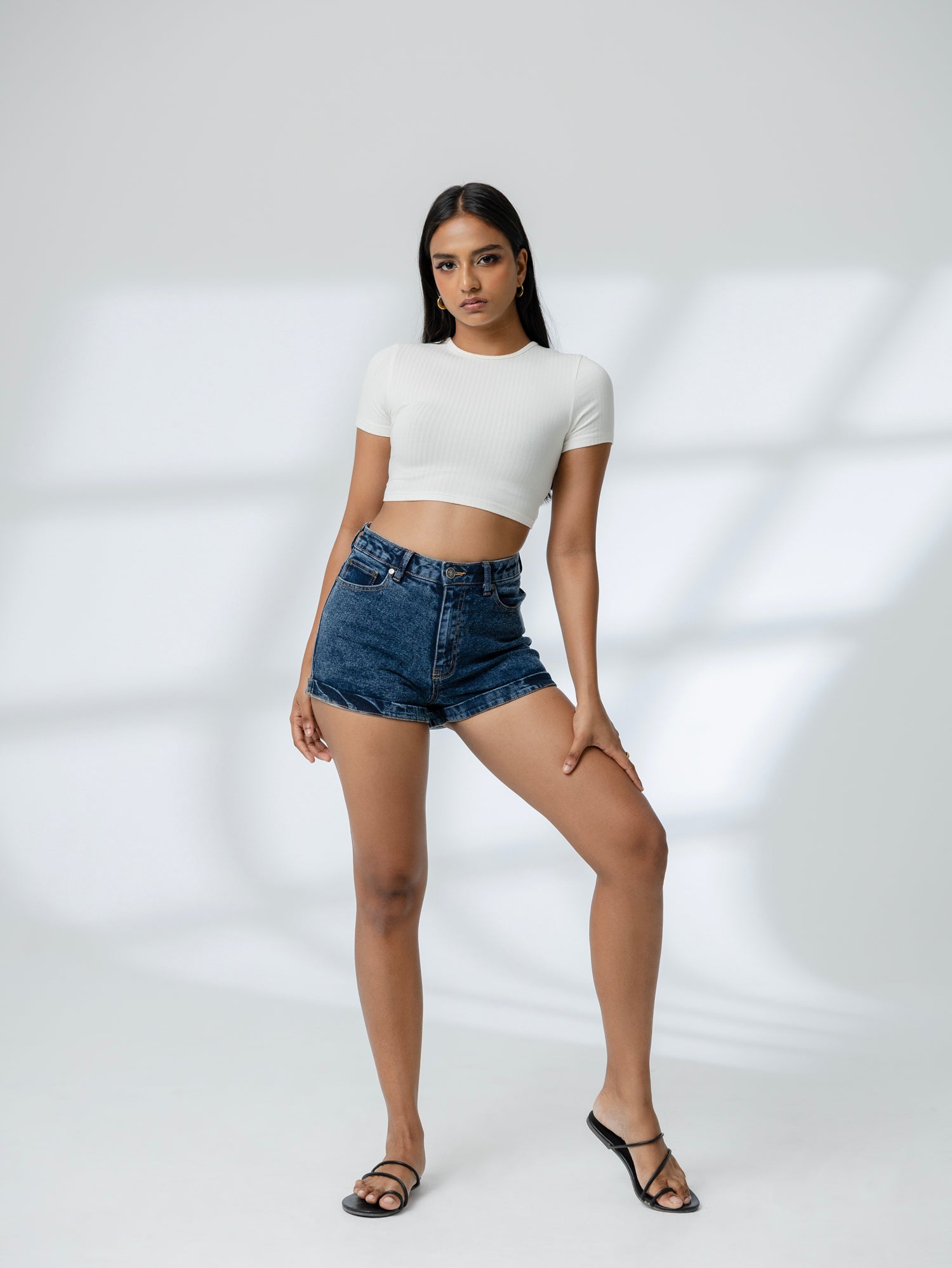 High Waist Folded Hem Acid Washed Short