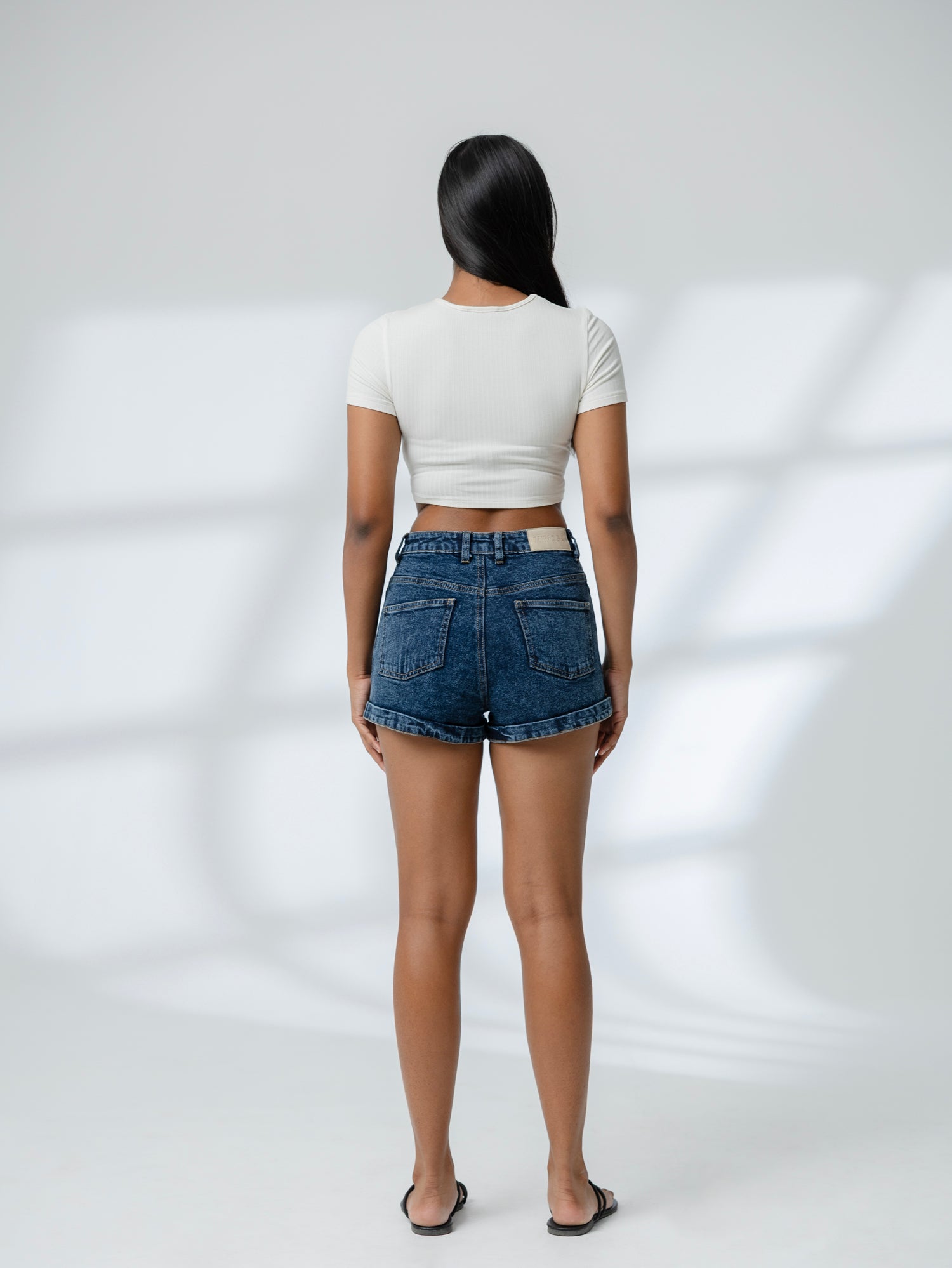 High Waist Folded Hem Acid Washed Short