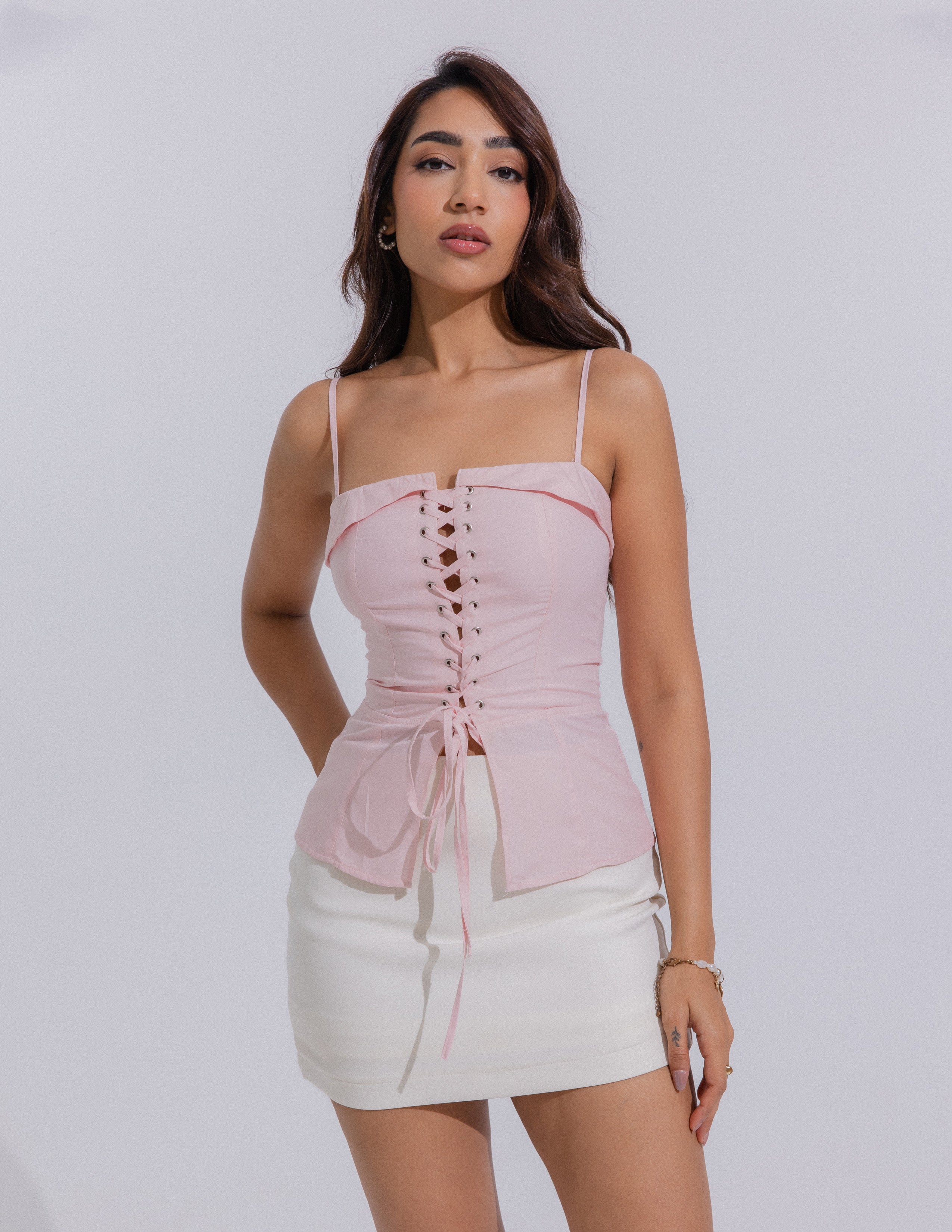 Front Tie Up Eyelet Detailed Corset Top
