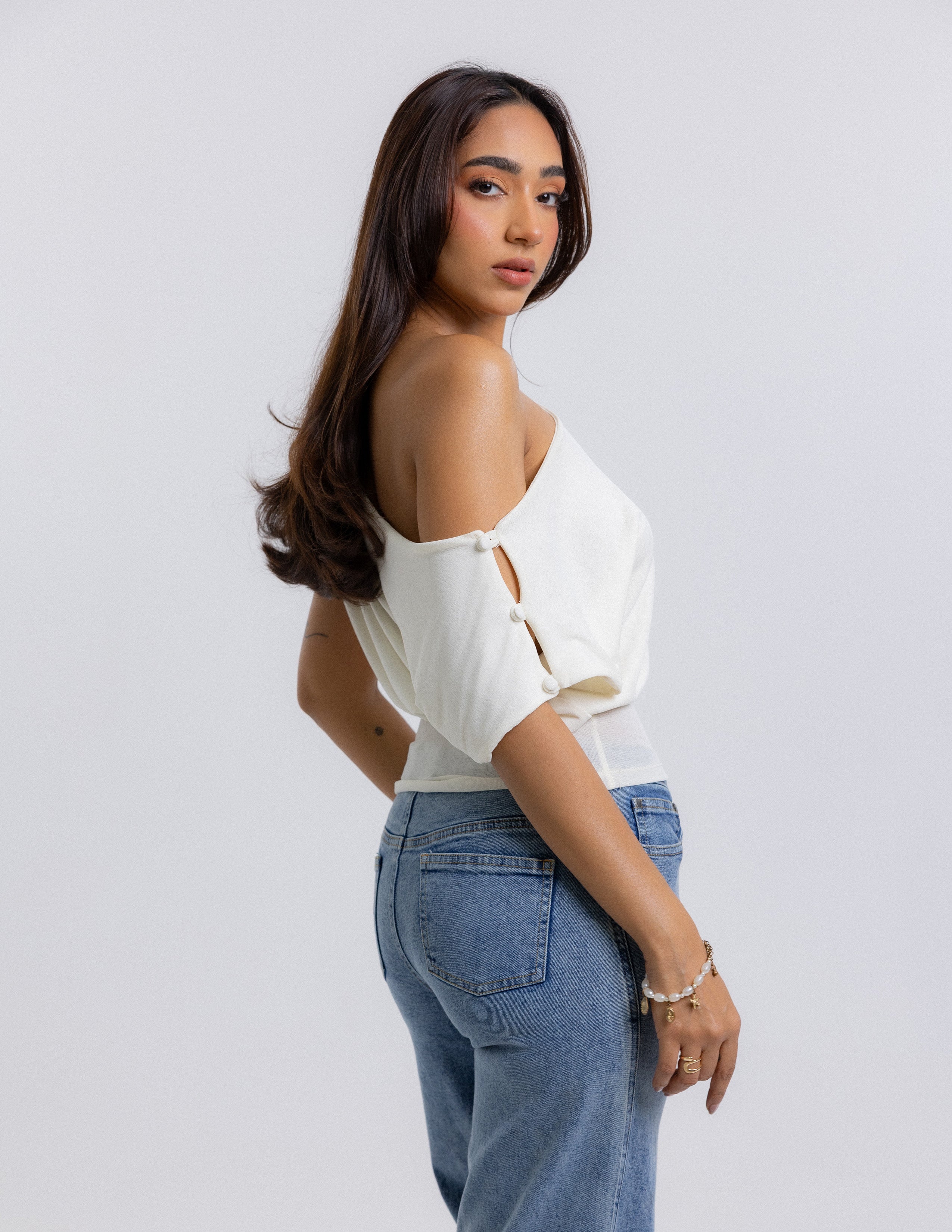 Cover Button Detailed Off Shoulder Top