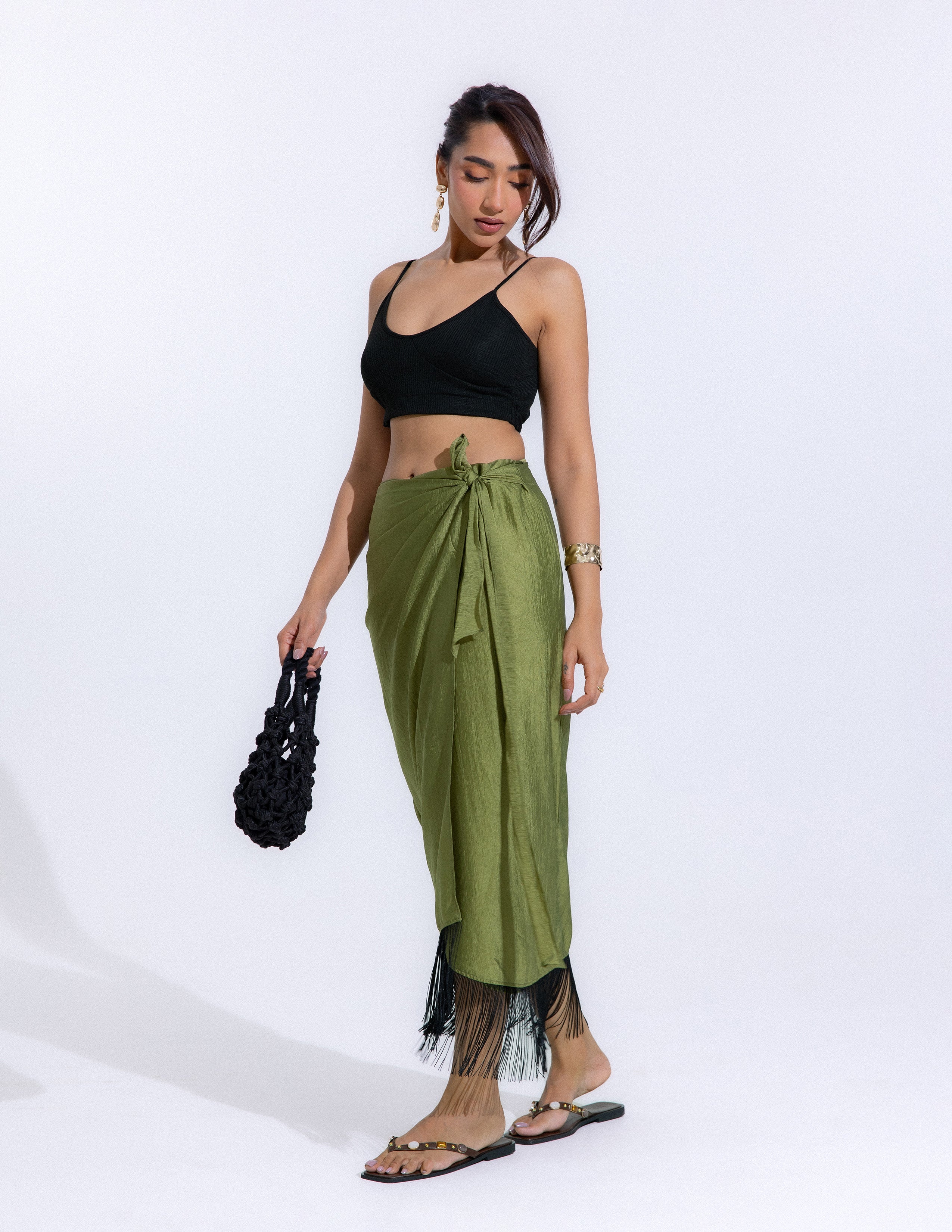 Fringe Detail Midi Wrap Skirt
