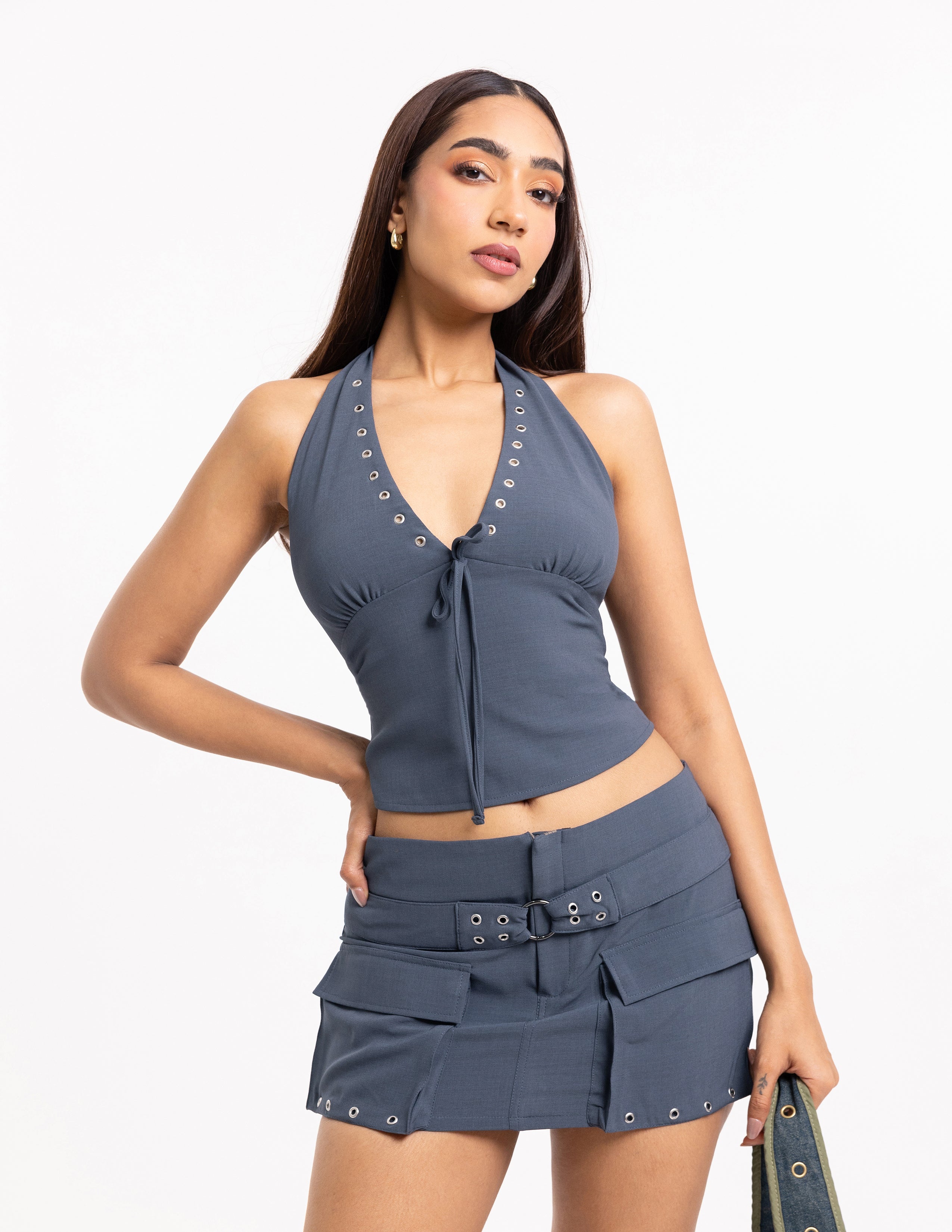 Halter Neck Tie Up Eyelet Detailed Top