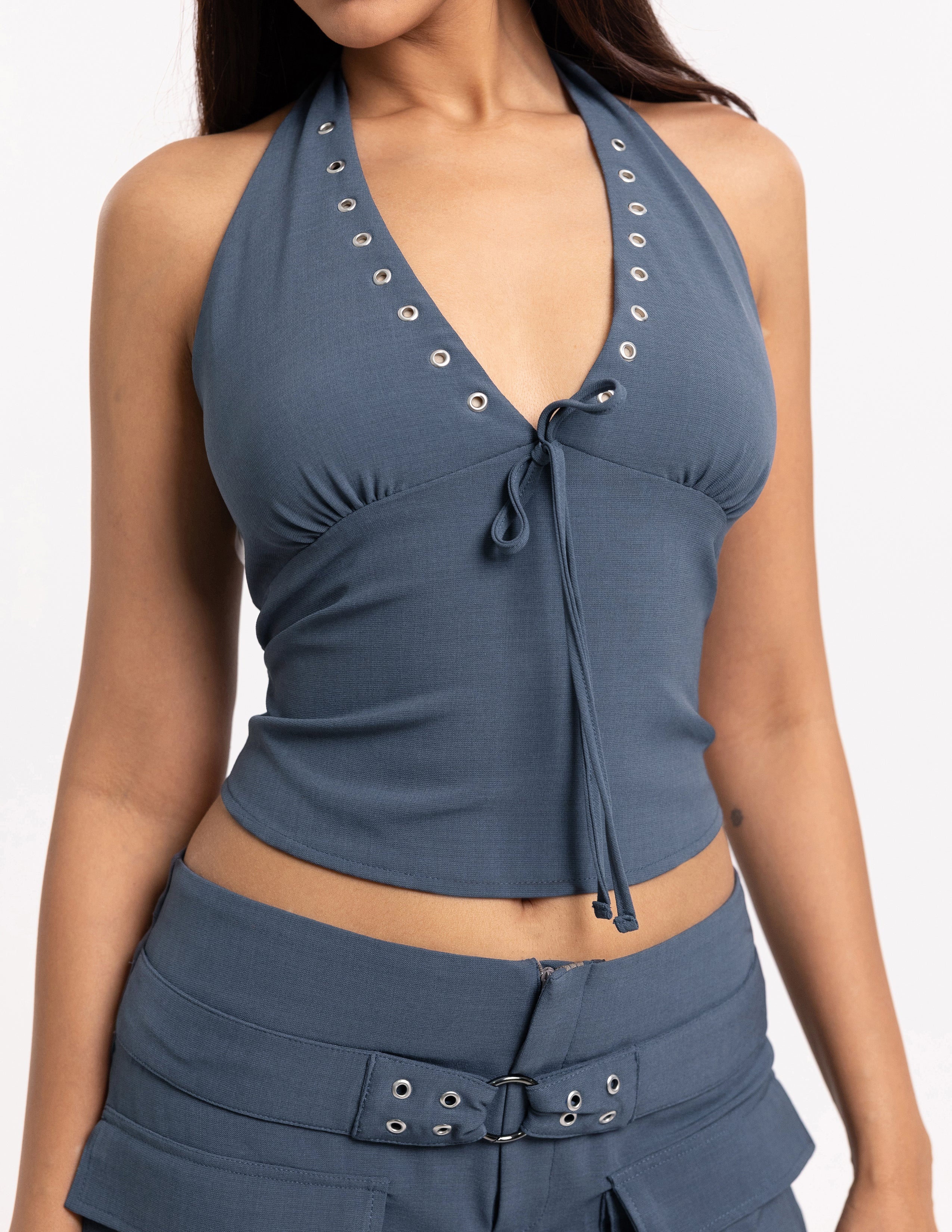 Halter Neck Tie Up Eyelet Detailed Top