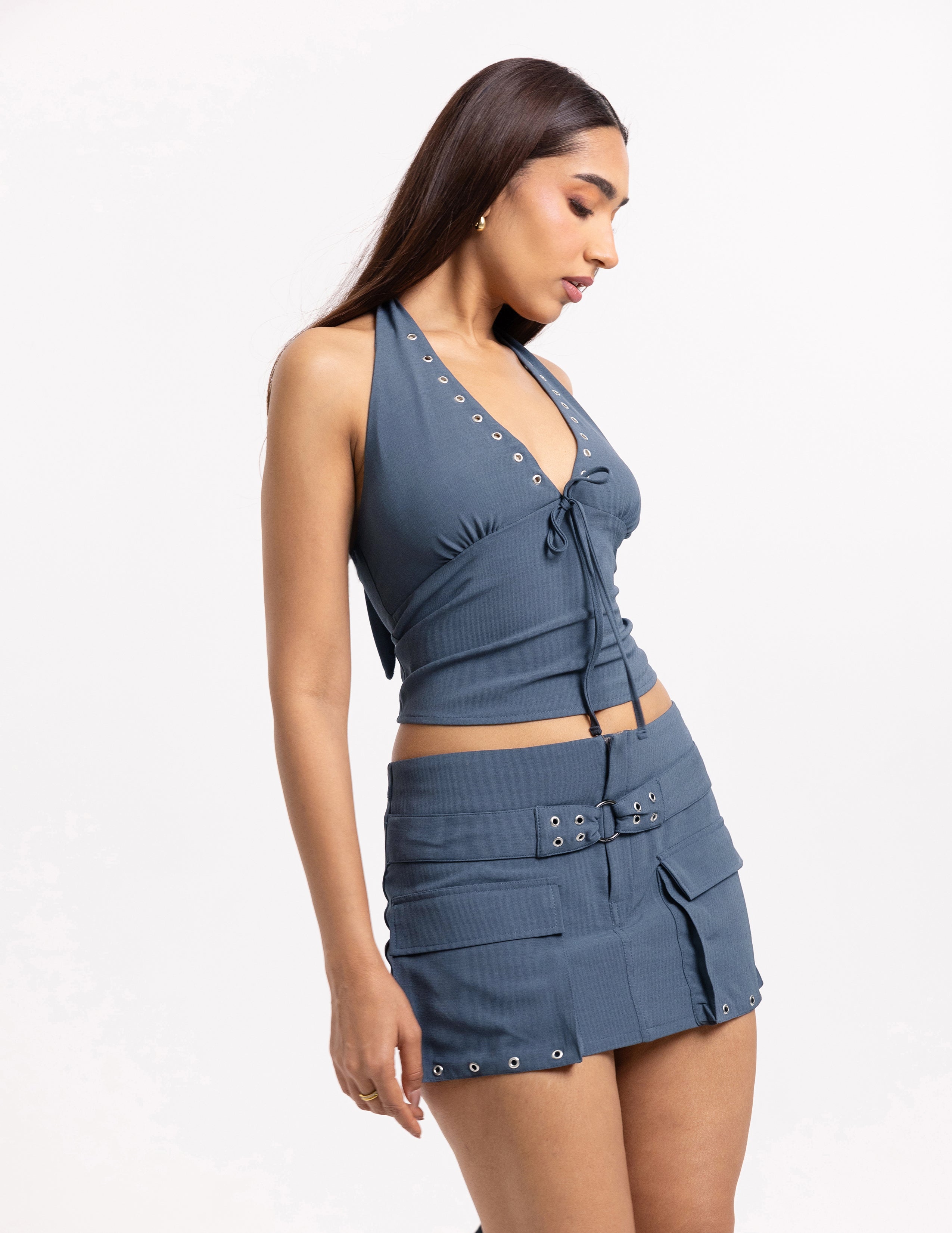 Halter Neck Tie Up Eyelet Detailed Top