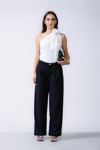 Front Pleated Back Welt Pocket Wide Leg Pant