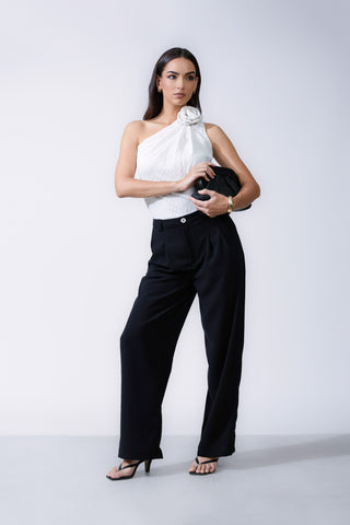 Front Pleated Back Welt Pocket Wide Leg Pant