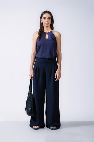 Front Pleated Back Welt Pocket Detailed Wide Leg Pant