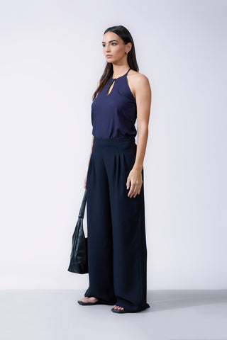 Front Pleated Back Welt Pocket Detailed Wide Leg Pant