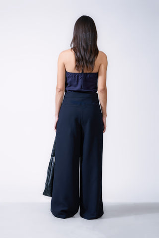 Front Pleated Back Welt Pocket Detailed Wide Leg Pant