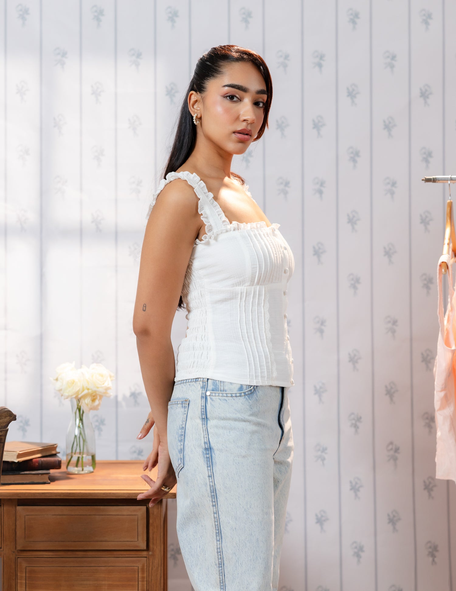 Pintuck Detail Button Down Top