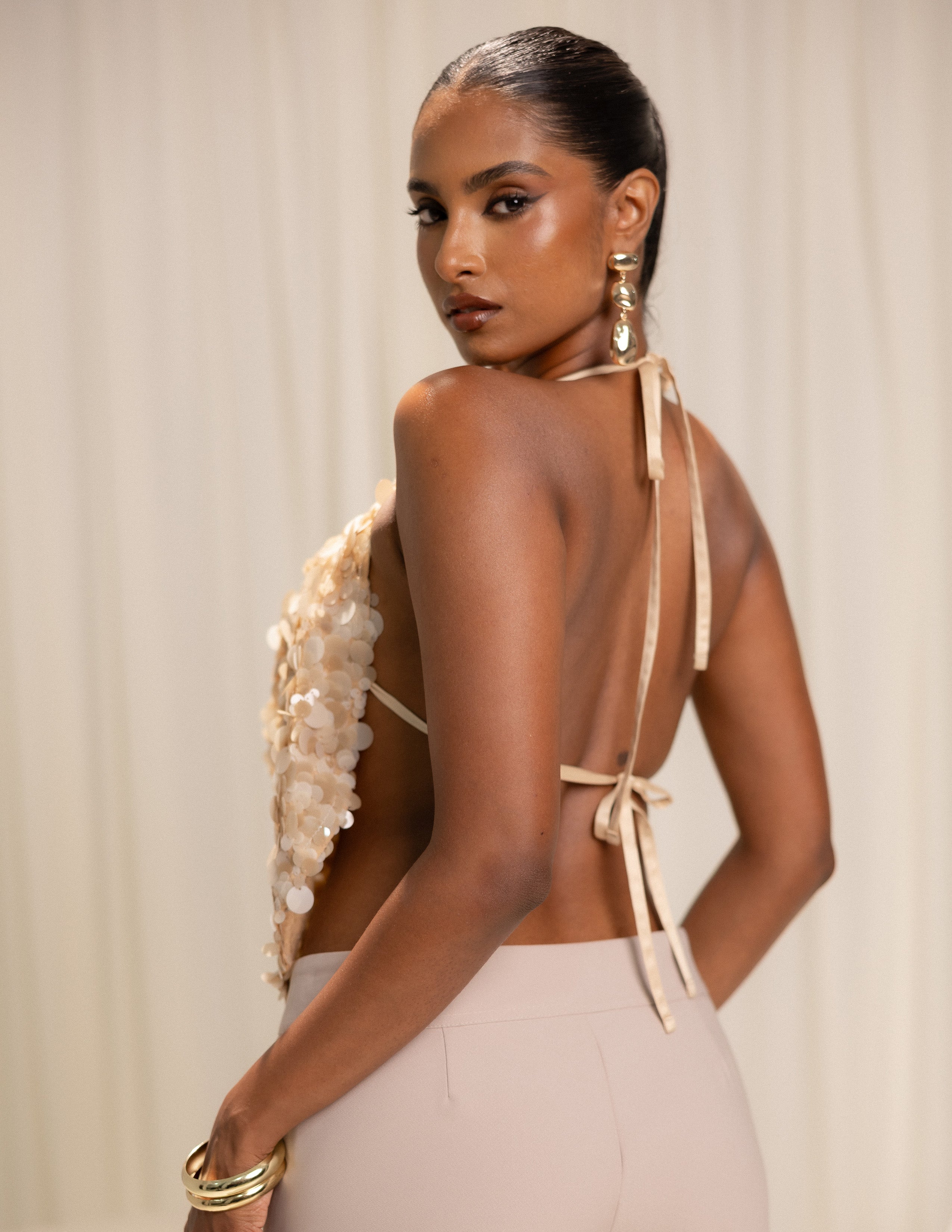 Front Cowl Neck Tie Up Sequin Top