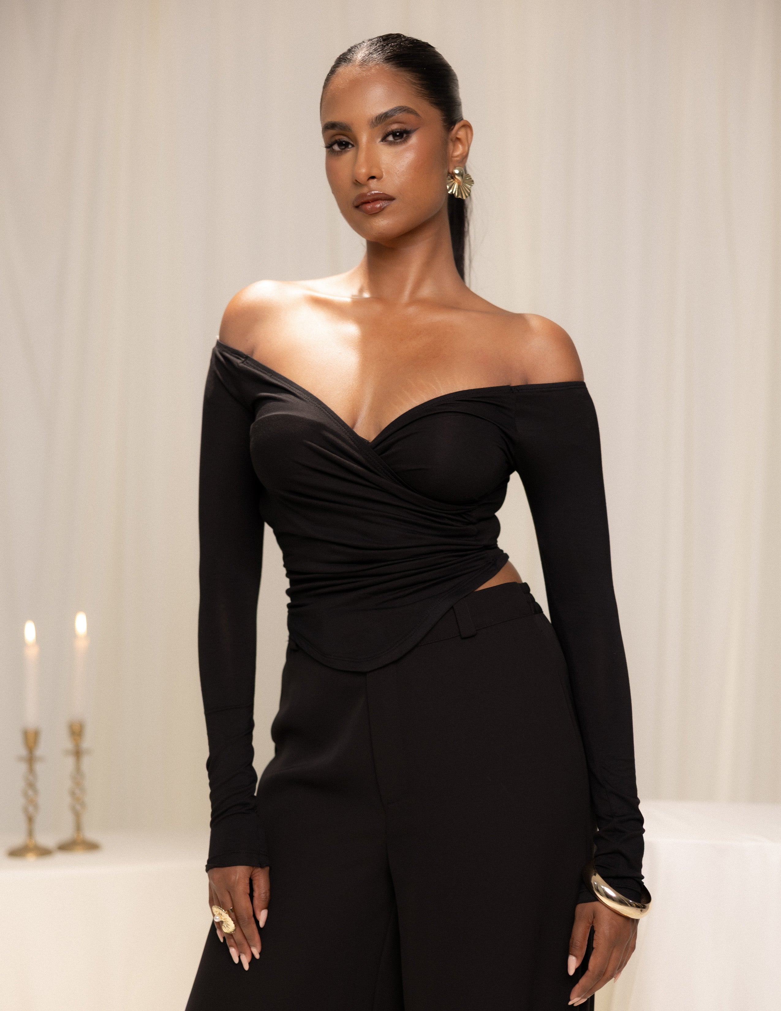 Long Sleeved Front Over Lapped Off Shoulder Fitted Top