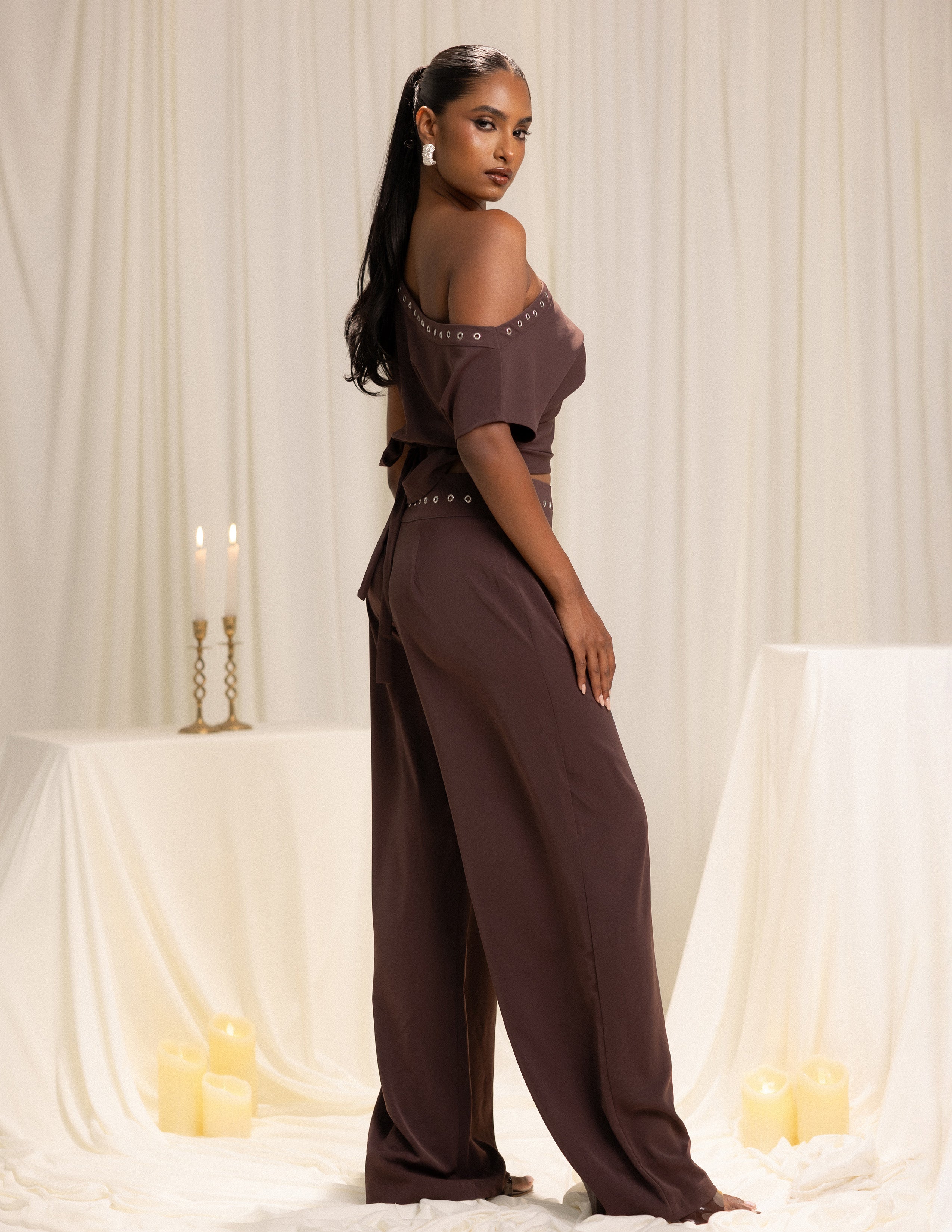 Waist Ilet Detailed Straight Leg Low Waist Pant
