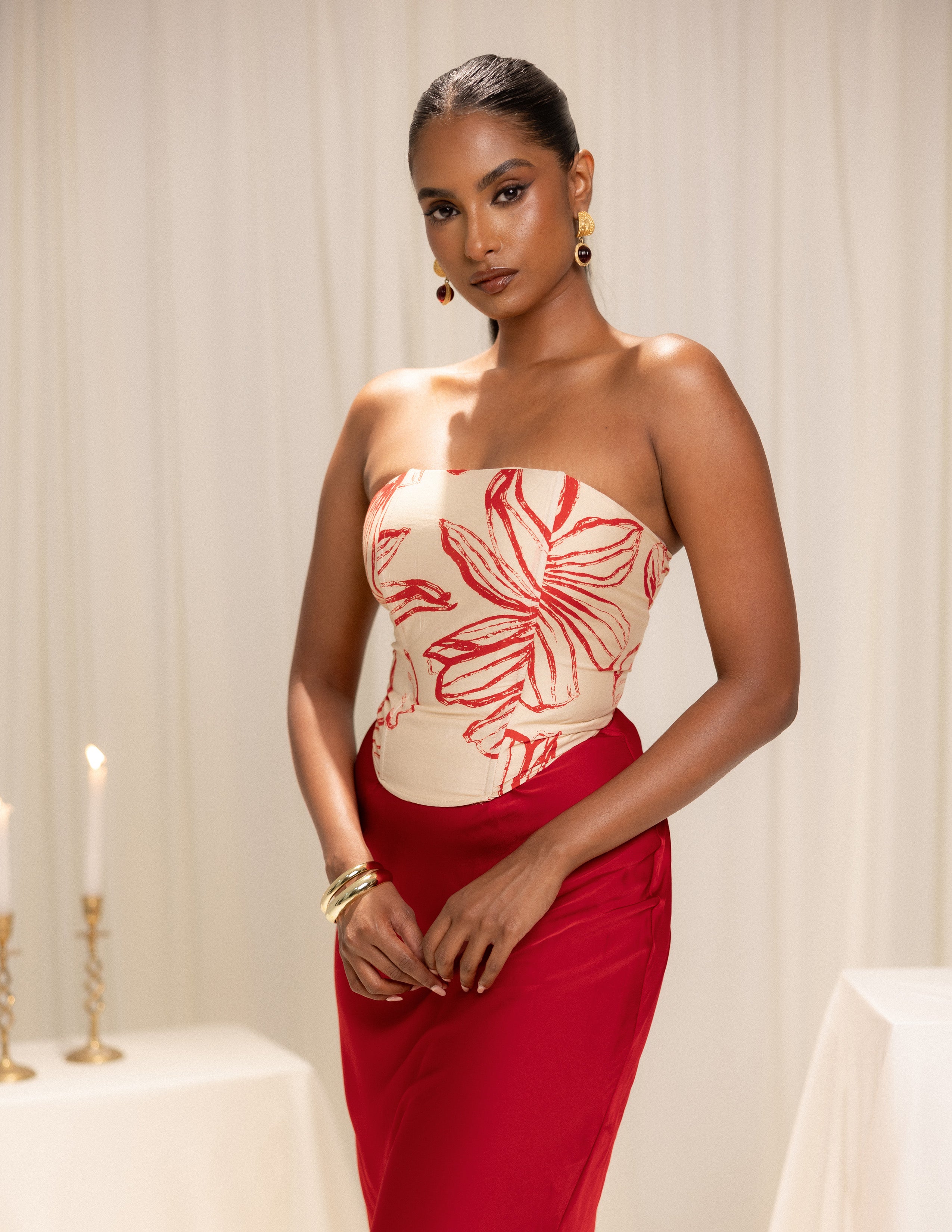 Printed Corset Detailed Sleeveless Top