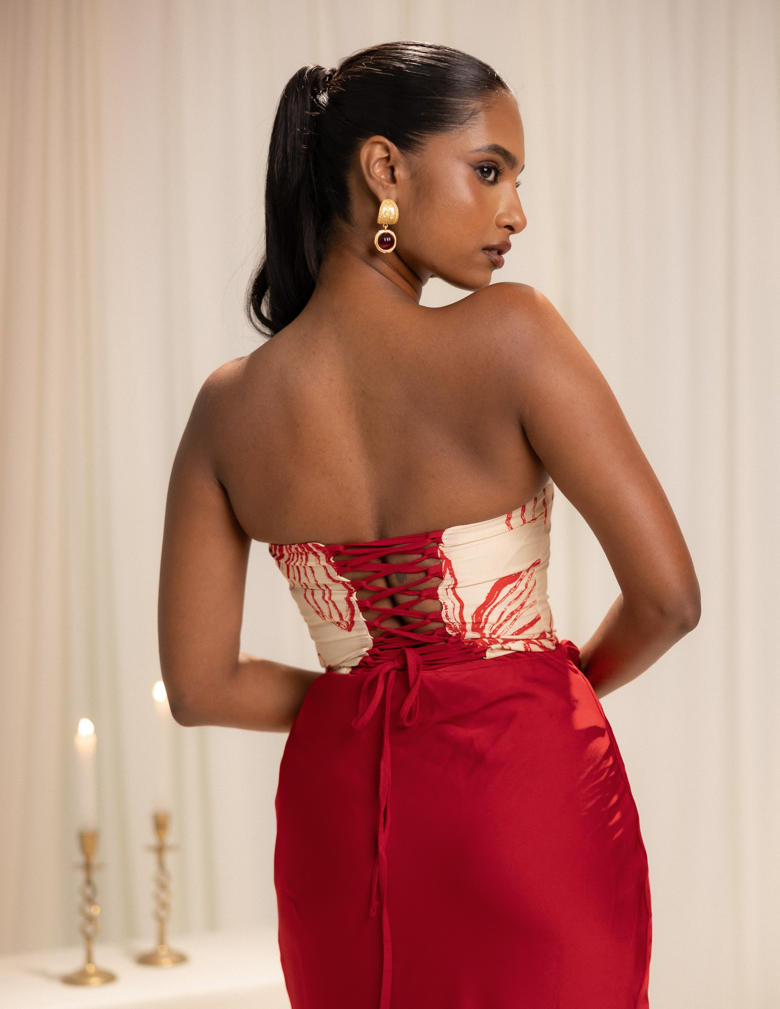 Printed Corset Detailed Sleeveless Top