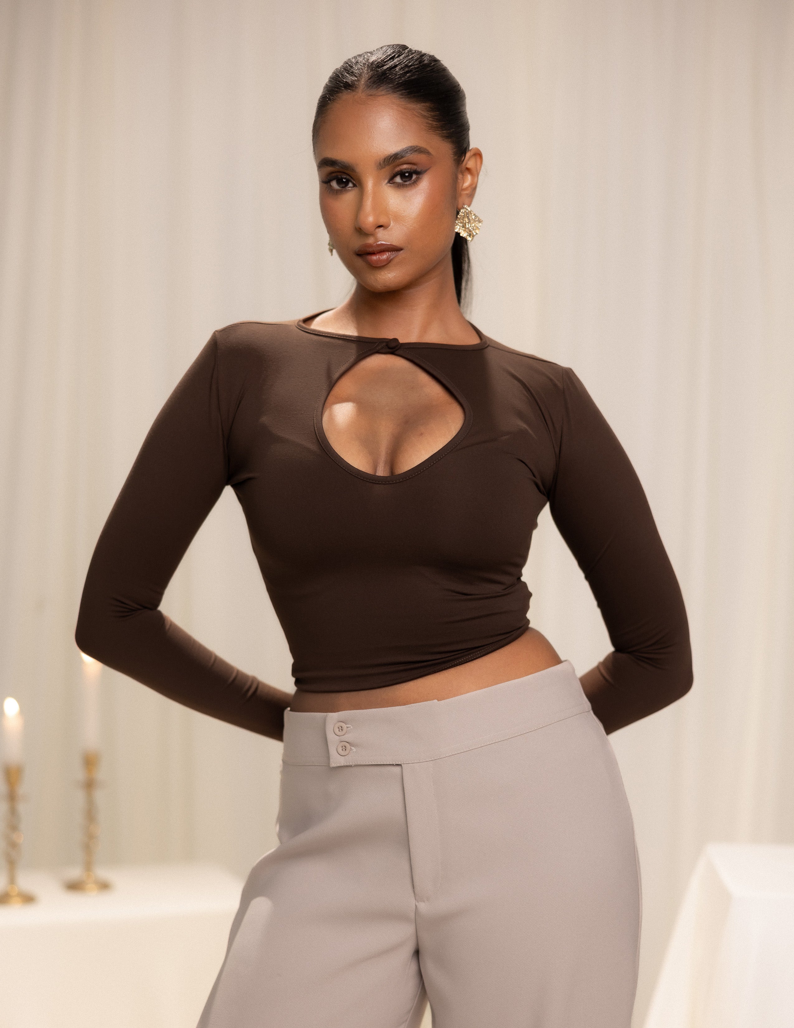 Long Sleeved Front Key hole Detailed Top