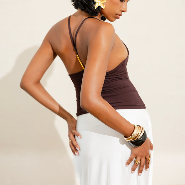Back Bead Detailed V Neck Top