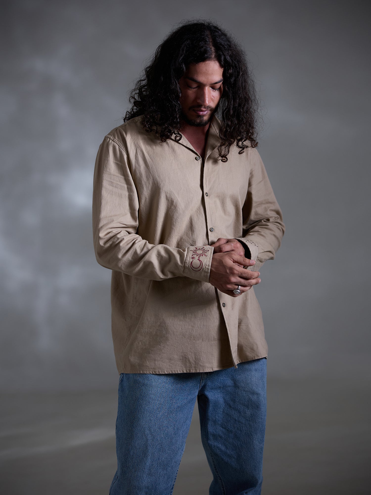 Oversized long sleeve camp collar embroidery shirt