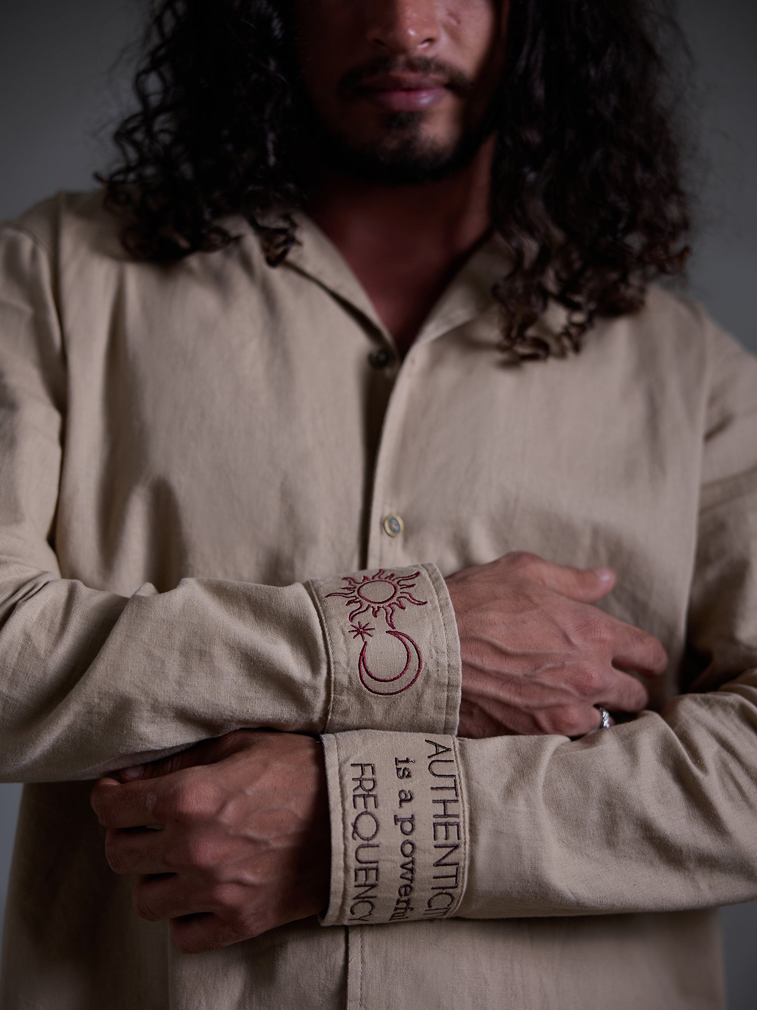 Oversized long sleeve camp collar embroidery shirt