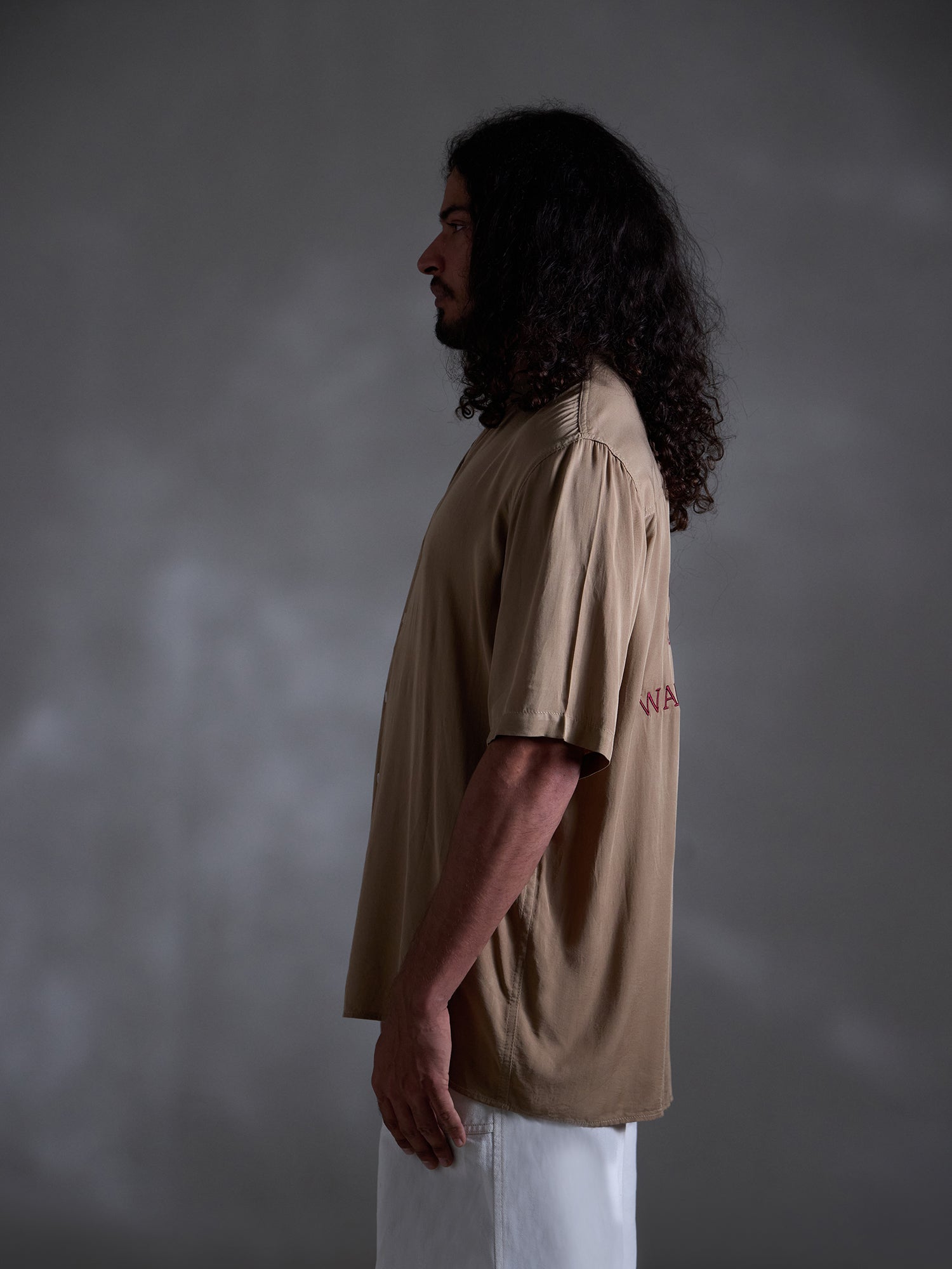 Oversized chinese collar short sleeve embroidery shirt