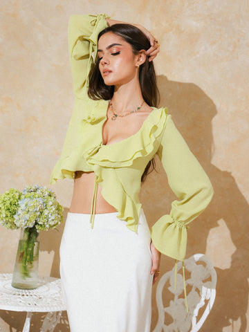 Frill Detailed Front Tie Up Long Sleeved Top