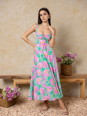 Bustier Ruched Printed Maxi Dress