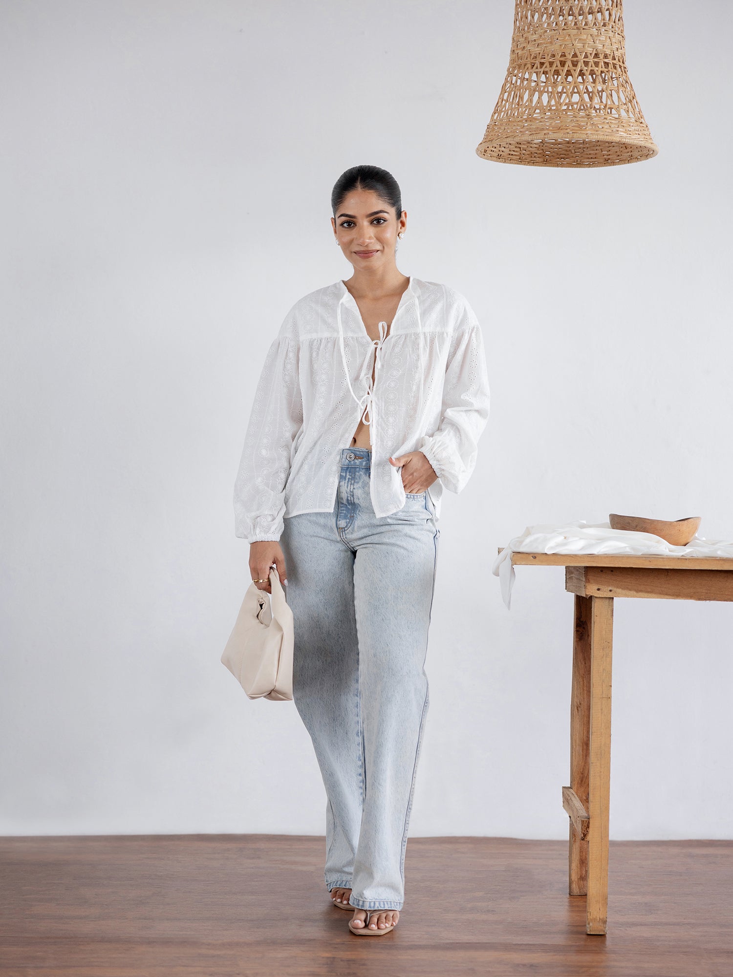 Front Tie Up Puff Sleeved Top