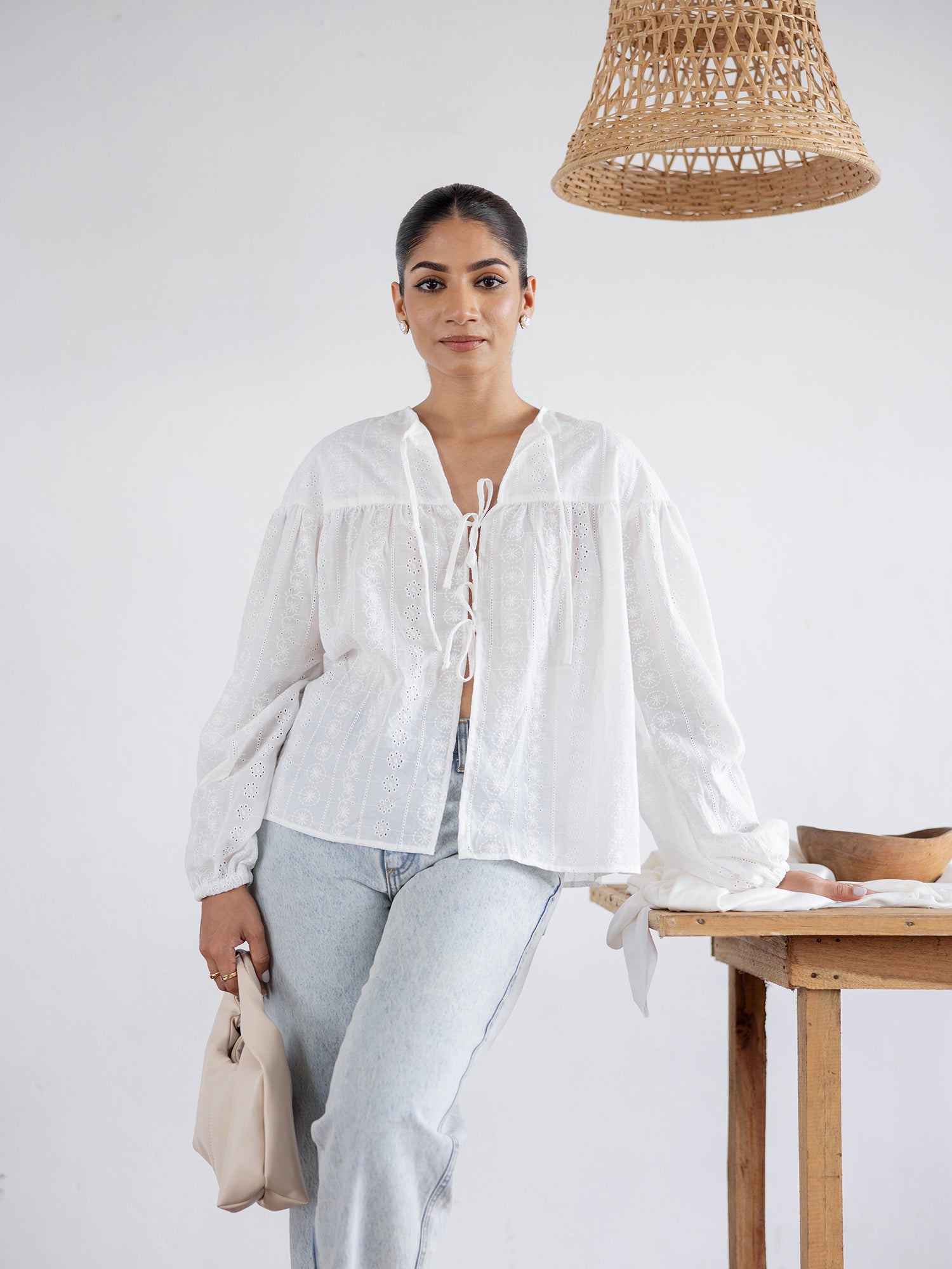 Front Tie Up Puff Sleeved Top