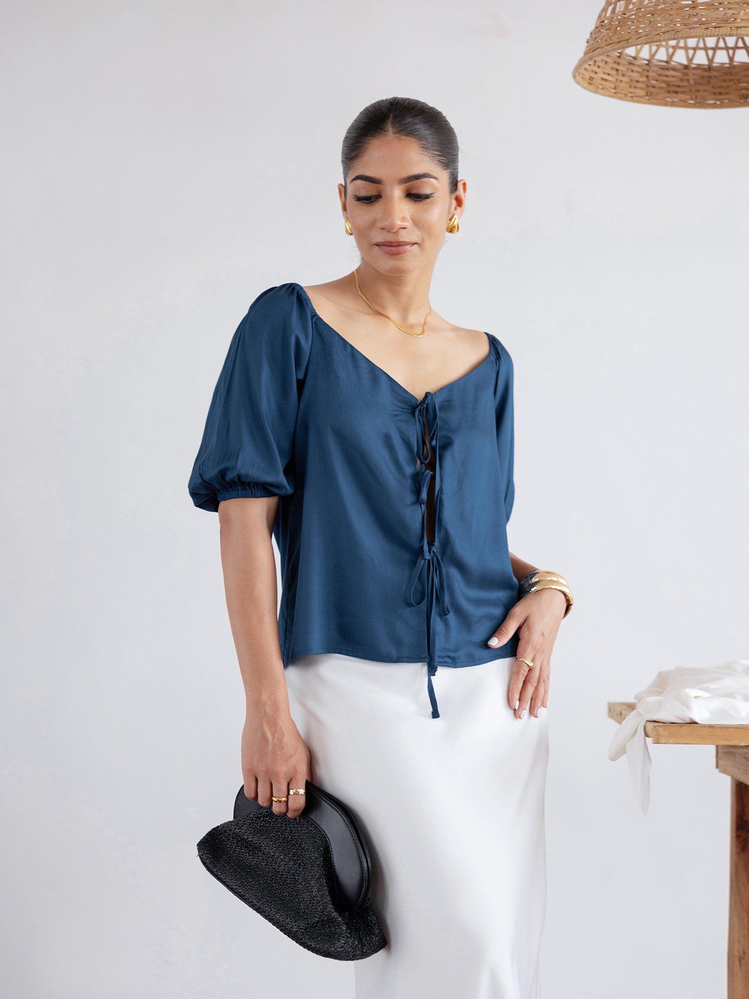 Front Tie Up Puff Sleeved Top