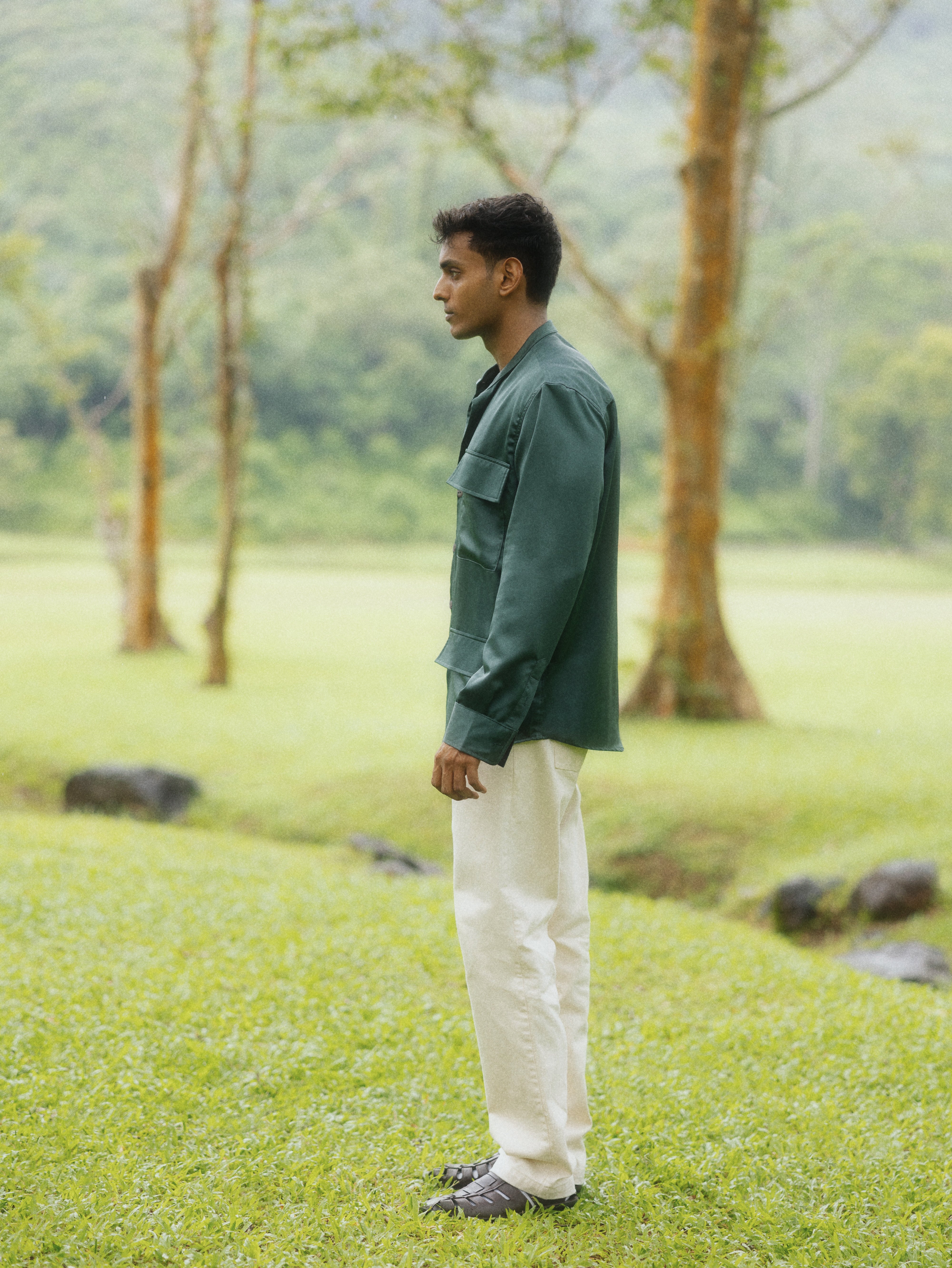 Chinese collar patch pocket shirt