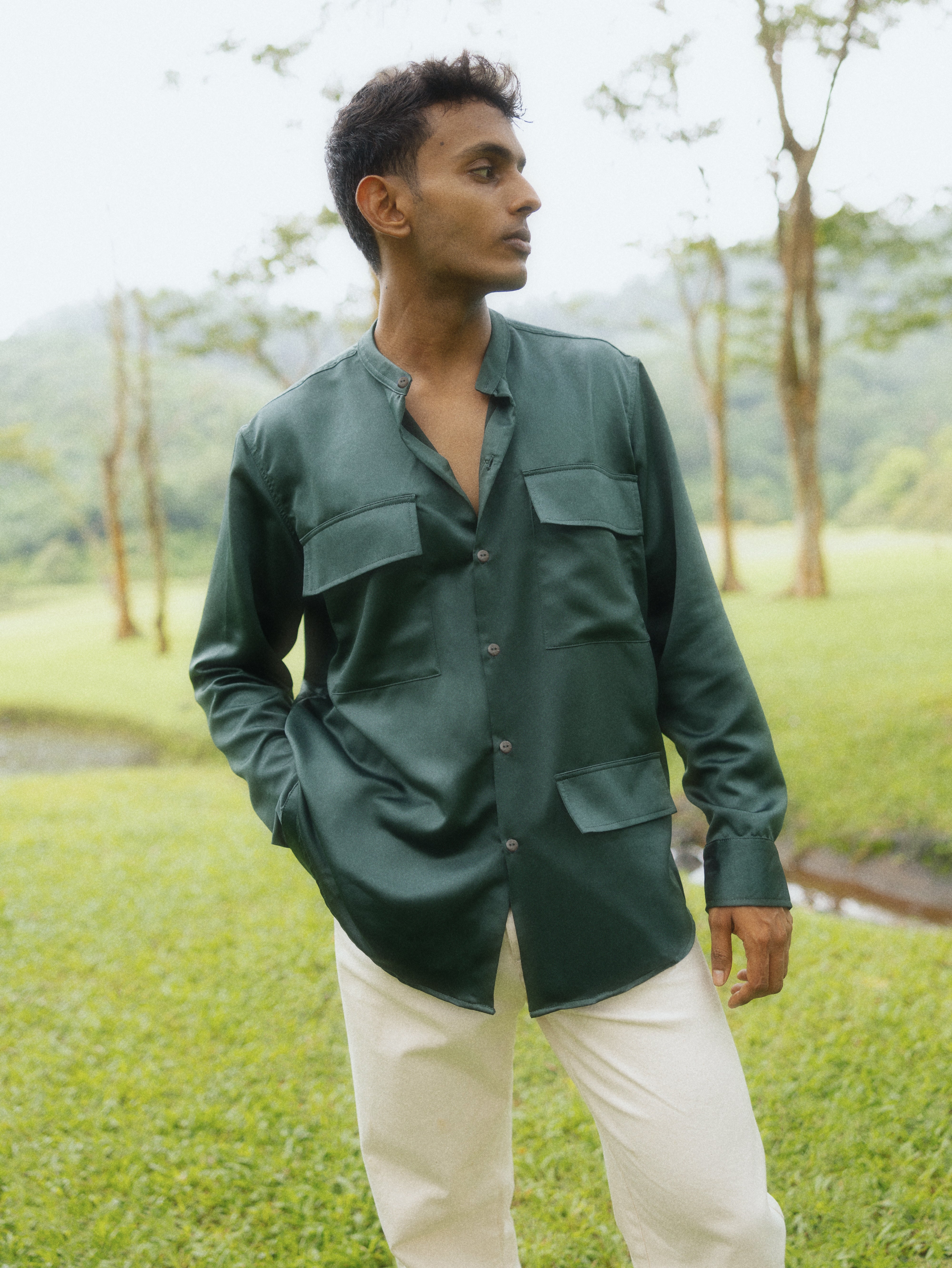 Chinese collar patch pocket shirt