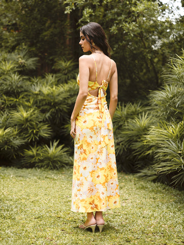 Back Tie Up Detailed Printed Maxi Dress
