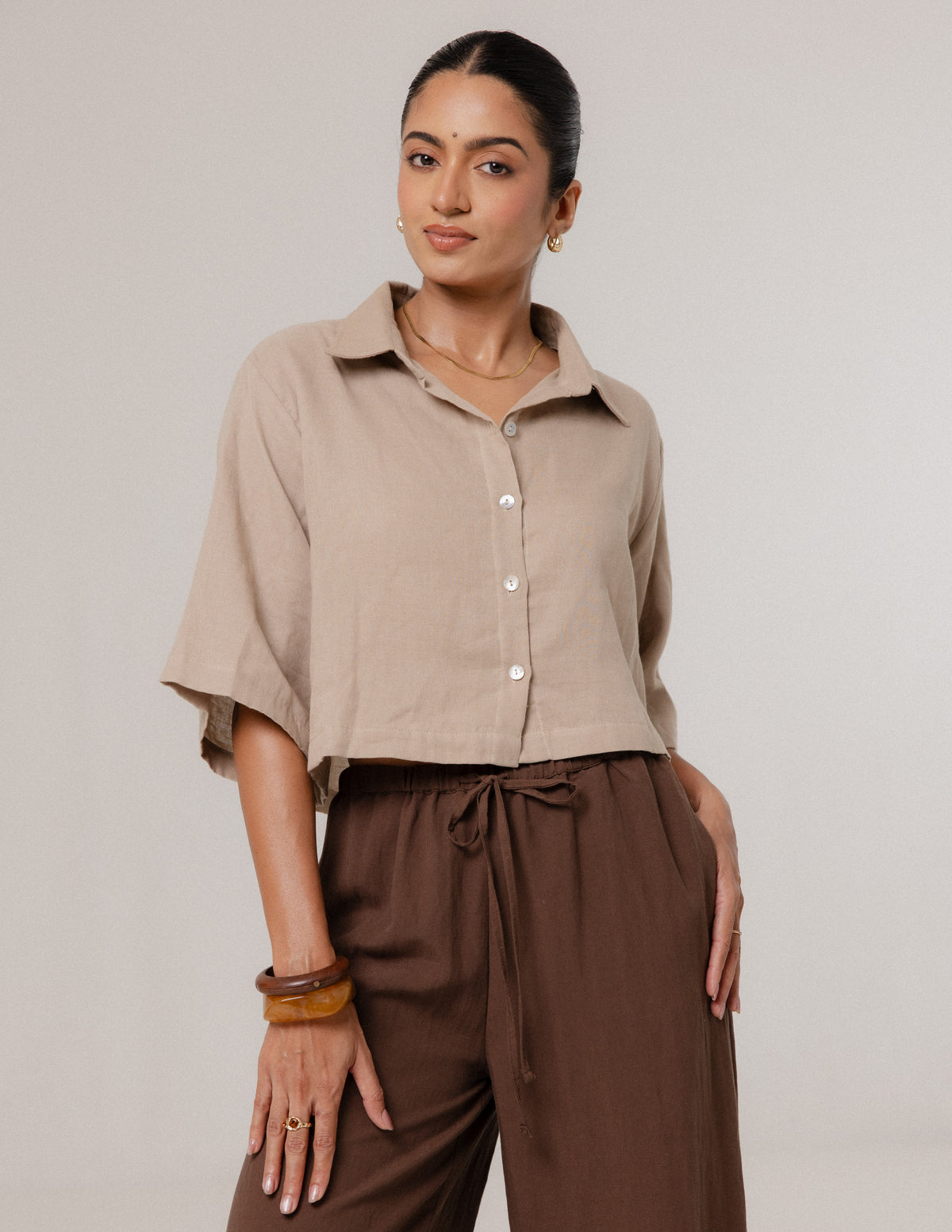 Short Sleeve Button Down Cropped Shirt