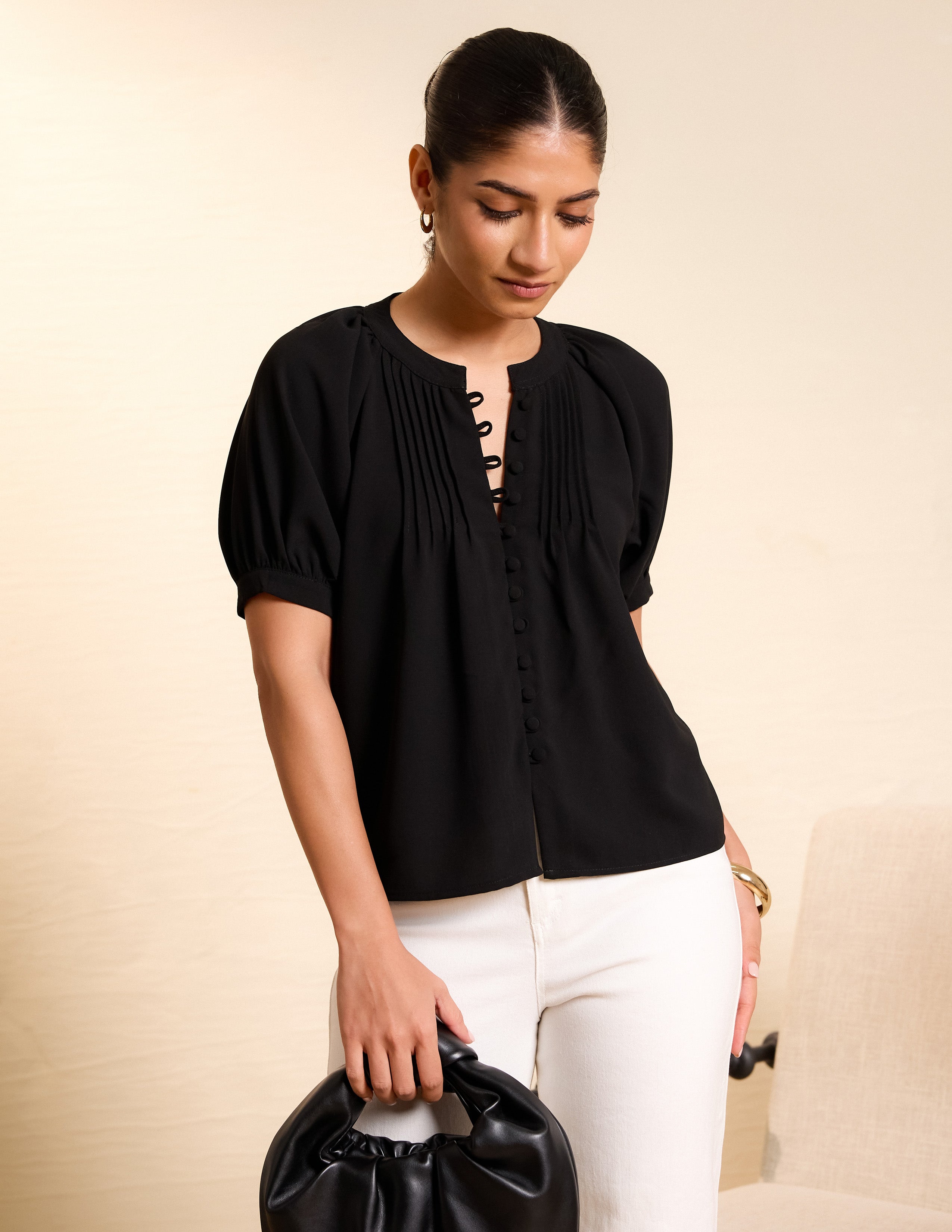 Button Down Pintuck Detail Top