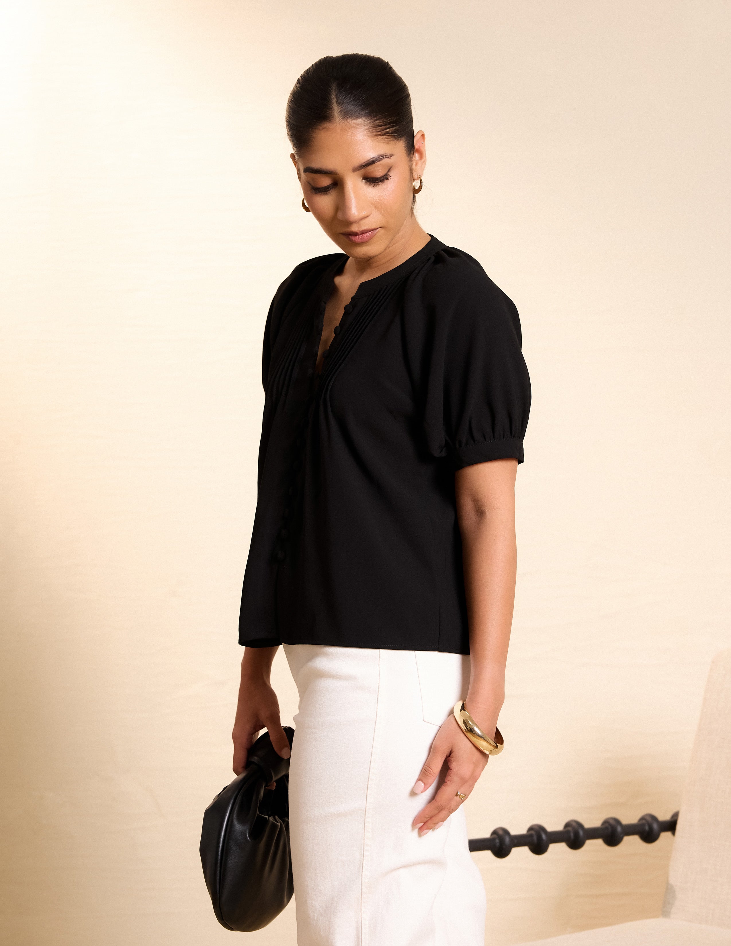 Button Down Pintuck Detail Top