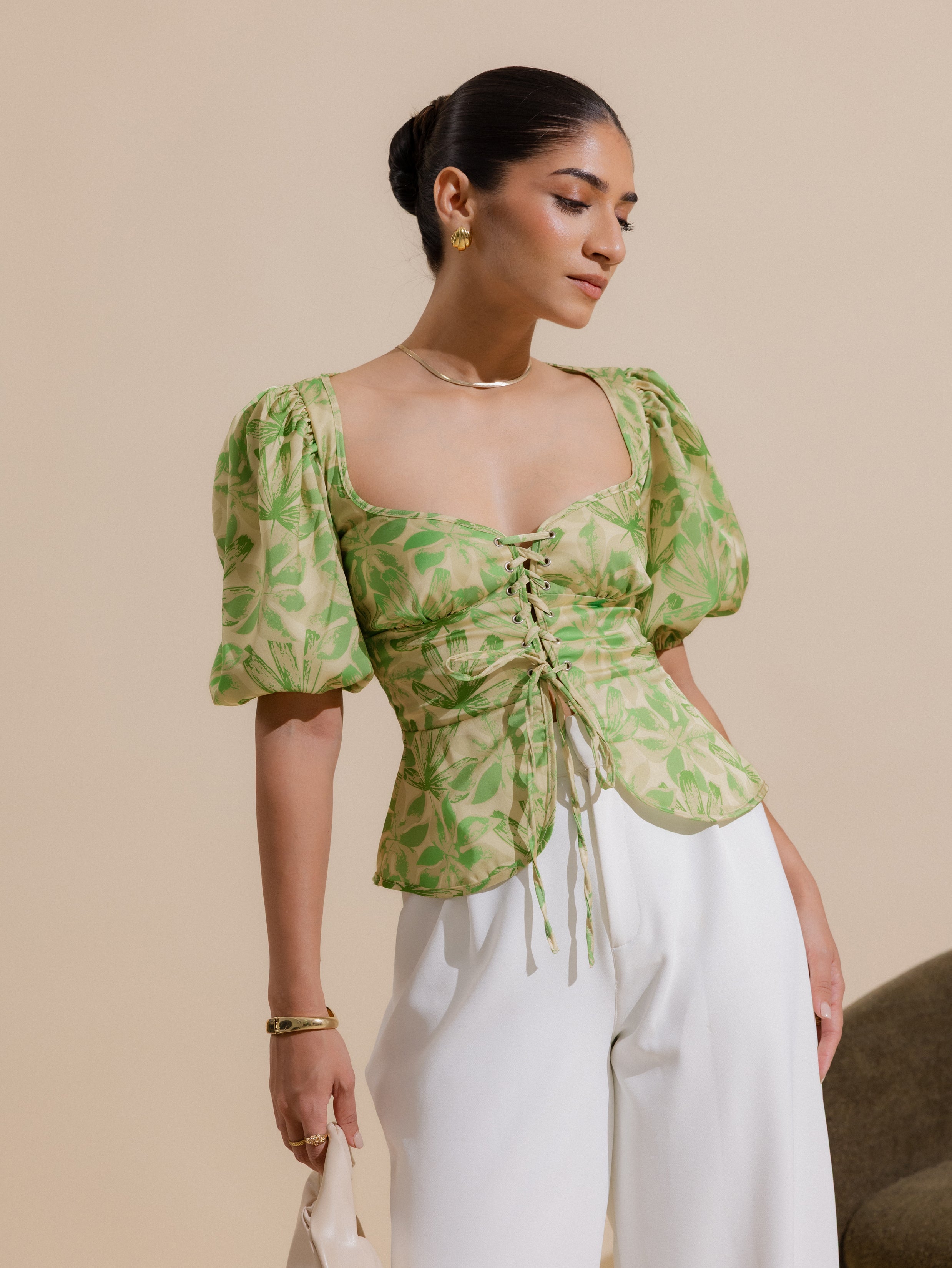 Baloon Sleeve Front Tie Up Top