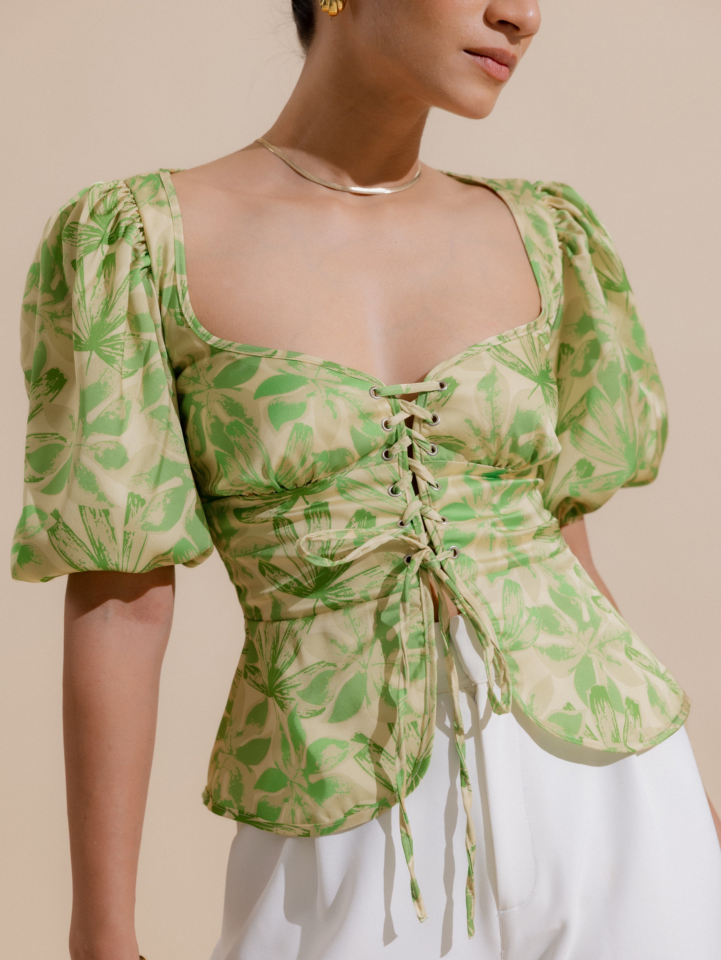 Baloon Sleeve Front Tie Up Top