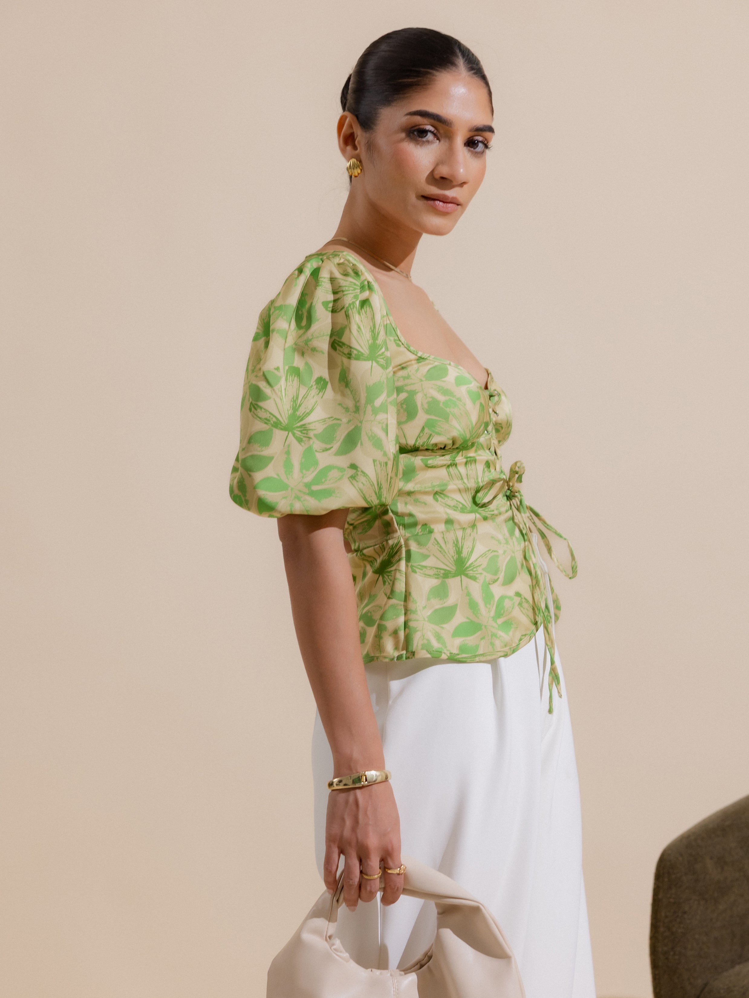 Baloon Sleeve Front Tie Up Top